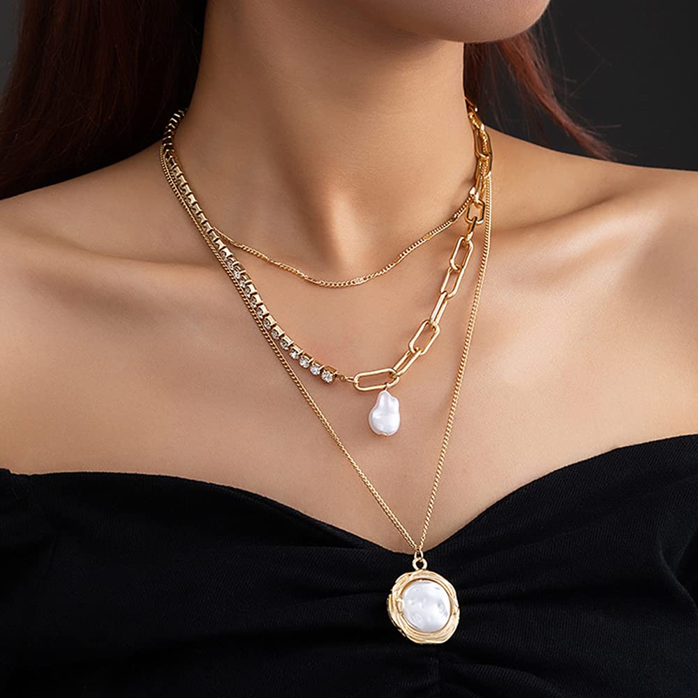 Vintage Layered Long Choker Necklace for Women - Pearl Pendant & Chunky Link Tennis Chain, Retro Fashion Jewelry | Perfect for Parties, Weddings, and Everyday Elegance
