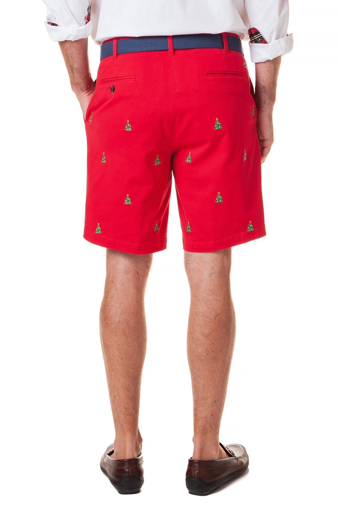 Cisco Short Stretch Twill Bright Red Christmas Tree Pattern Pants - Perfect for Holiday Parties & Festive Office Wear