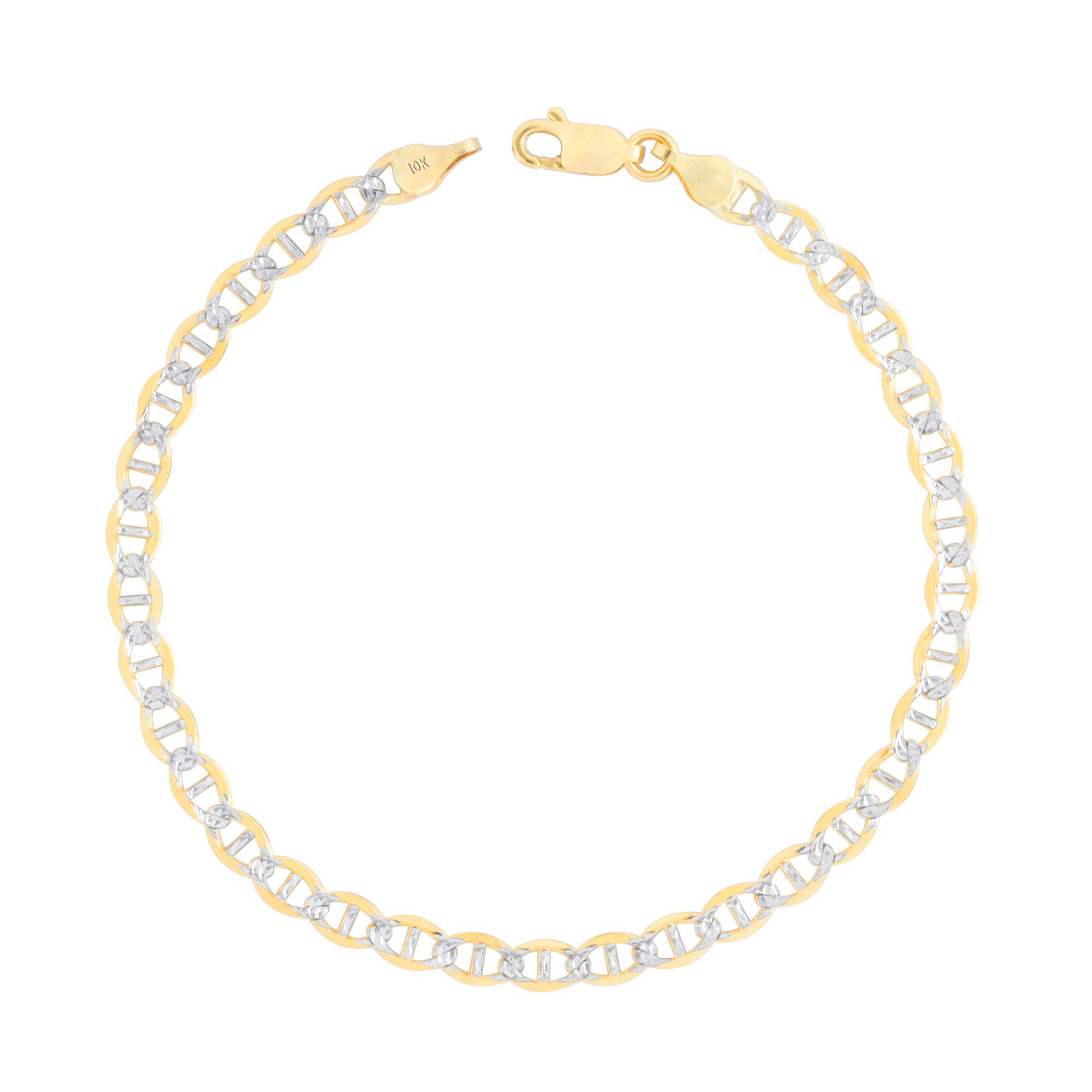 10K Real Yellow Gold Solid Mariner Anchor Chain Bracelet with Pave Diamond Cut - 4mm Width (7