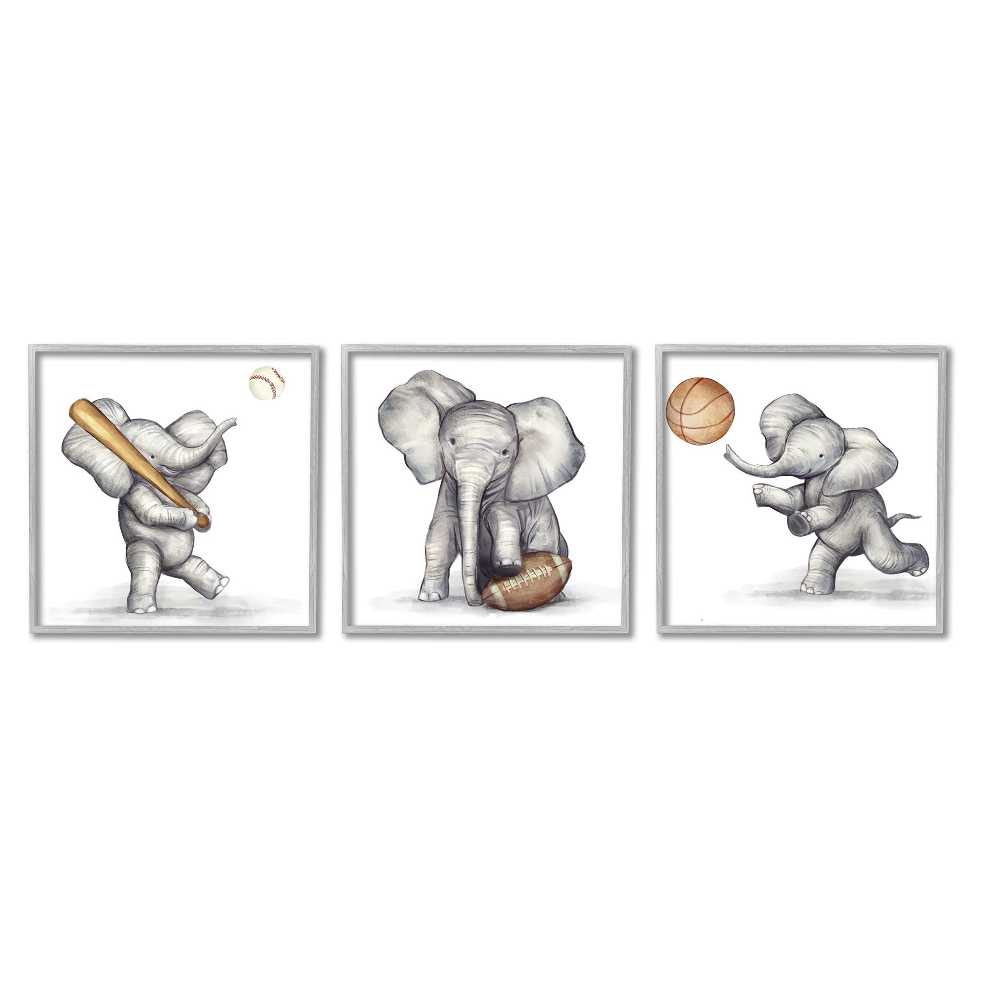 Stupell Industries 3-Piece Gray Framed Wall Art - Baby Elephant Athlete Playing Basketball, Baseball & Football, Designed by Ziwei Li, 12