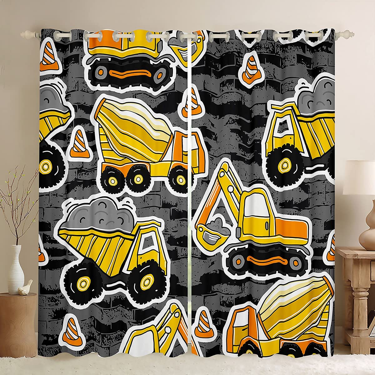 Construction Vehicle Window Curtains for Kids - Heavy Machinery Truck Crane Excavator Themed Blackout Drapes 52x96 Inch, Boys Room Decor for Bedroom & Playroom
