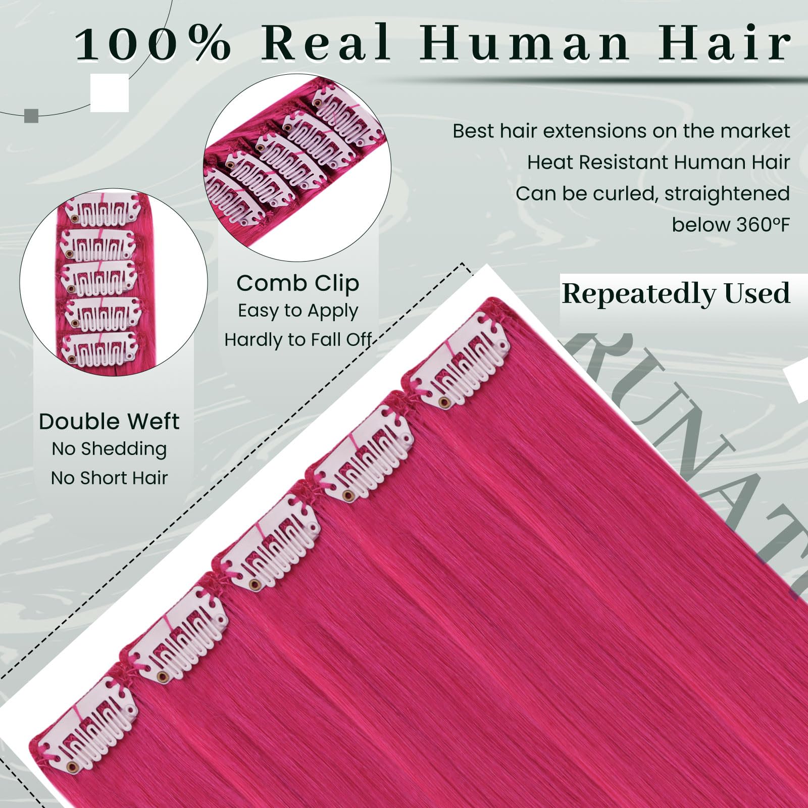 RUNATURE 14 Inch Pink Clip-in Human Hair Extensions - 5pcs 25g Real Human Hair, Hot Pink Straight Hair Extensions for Kids & Teens - Perfect for Parties, Cosplay, Halloween & Daily Styling