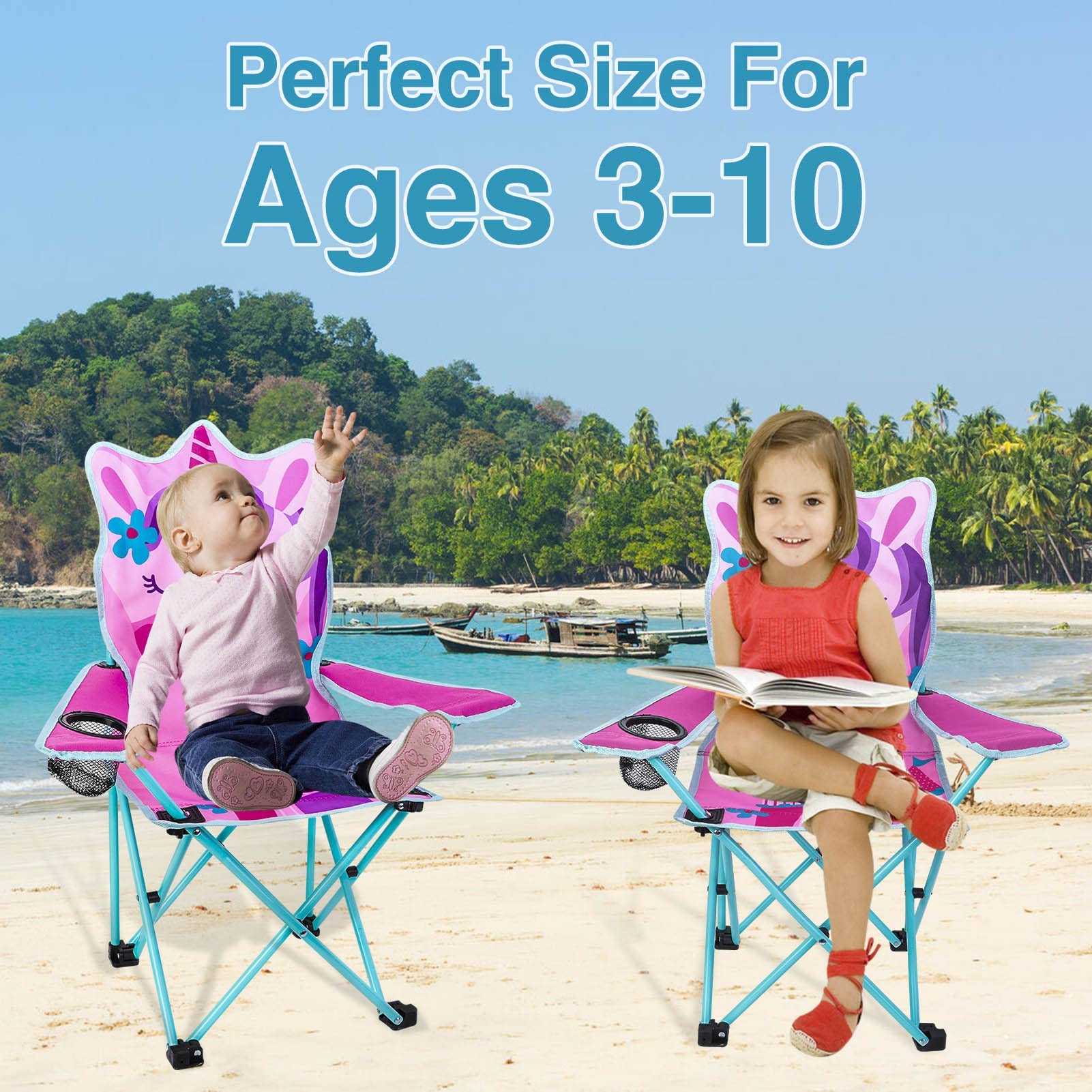 KABOER Kids Folding Camping Chair with Cup Holder & Carry Bag - Lightweight Portable Outdoor Chair for Children, Beach, Picnic, Travel, Backyard, and Camping