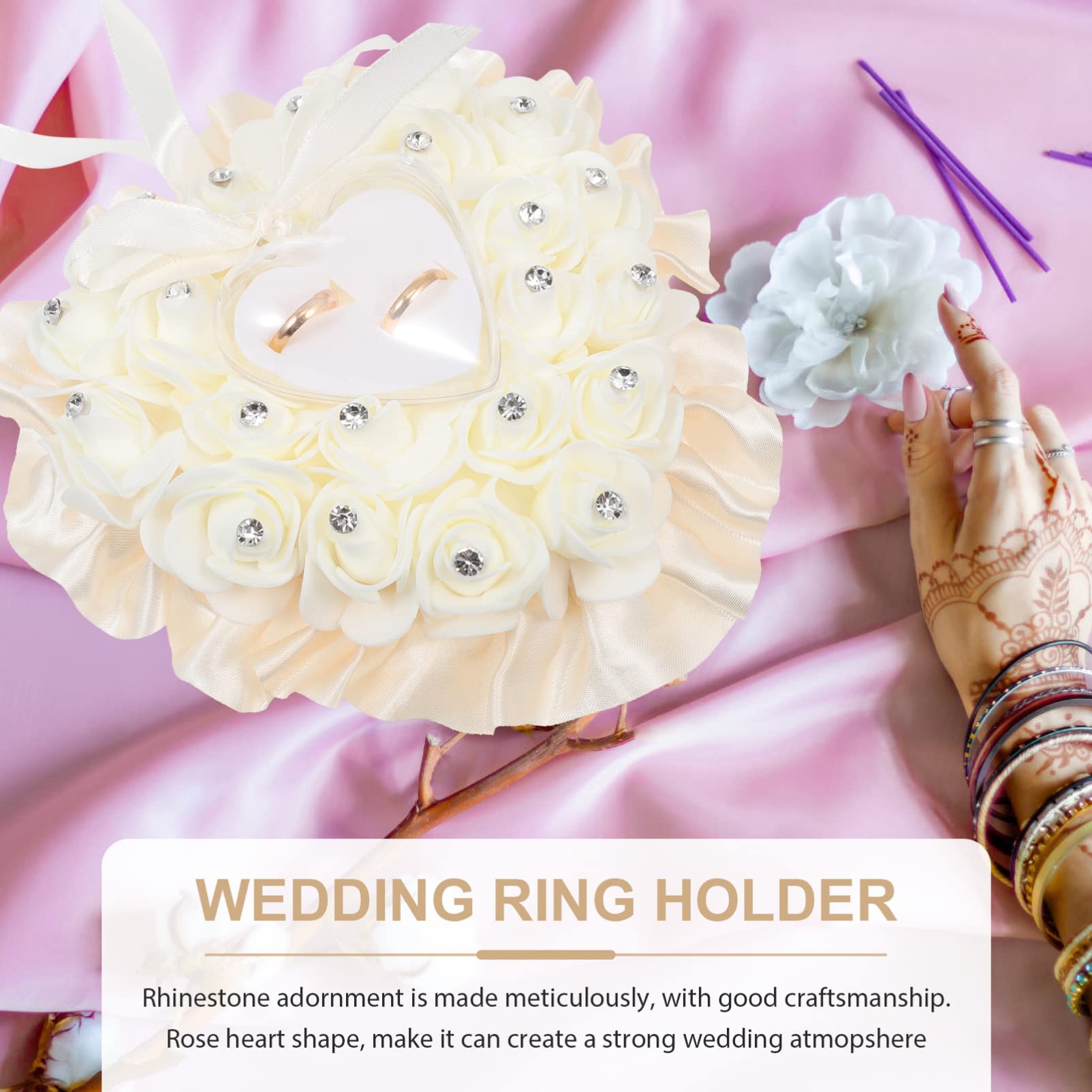 Elegant Rose Ring Pillow with Lace & Crystal - Heart-Shaped Wedding Ring Box Cushion for Ring Bearer - Perfect for Wedding Ceremony, Proposal & Bridal Jewelry Gift - Beige Romantic Wedding Accessory