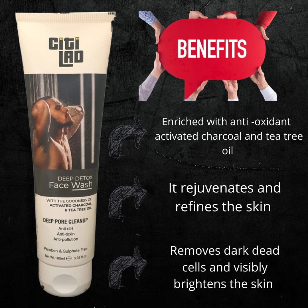 Citilad Deep Detox Charcoal Face Wash 100ml - Oil Control & Acne Fighting Facial Cleanser for Men, Removes Pollution & Impurities - Perfect for Daily Skincare & Post-Workout Cleansing
