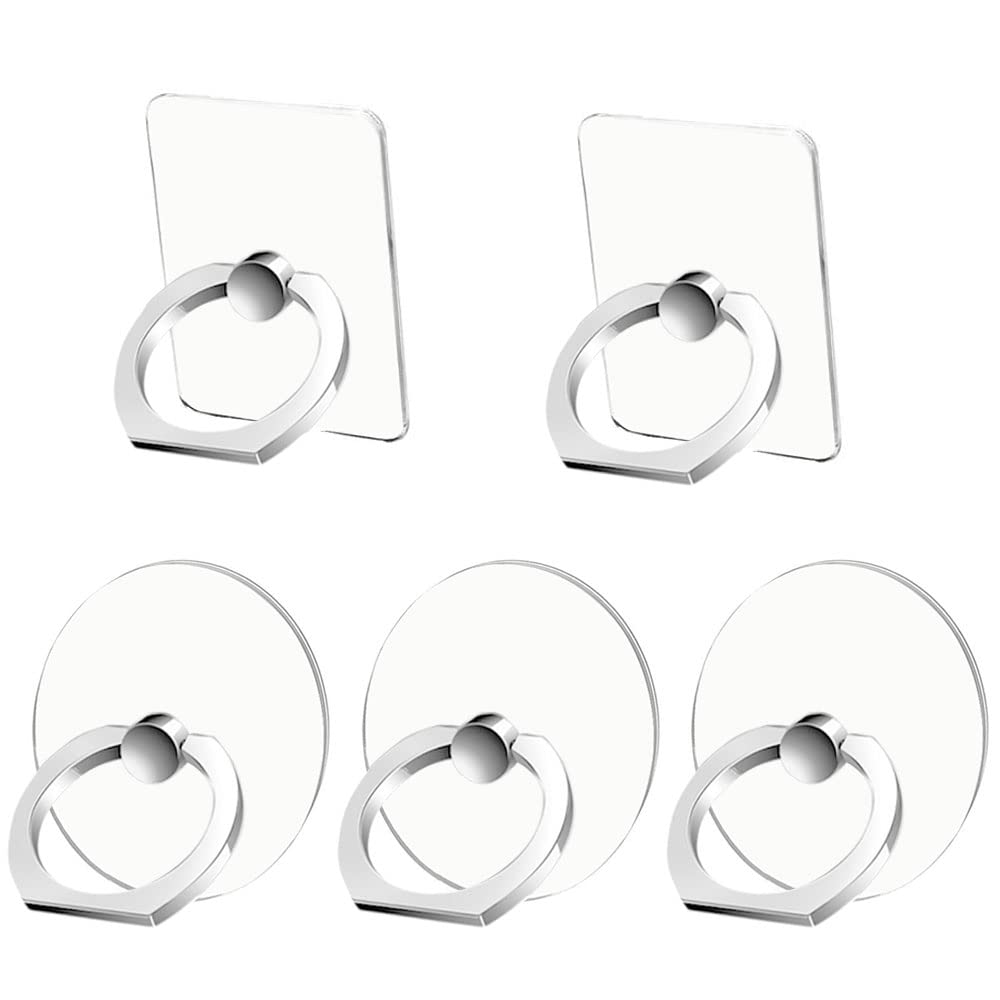 5-Pack Silver & Clear Phone Ring Holder Stand - 360° Rotating Kickstand for Phones & Tablets - Secure Grip for Daily Use