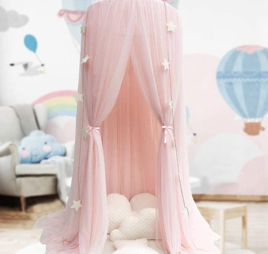 Pink Princess Canopy with Tulle Pom Poms - Set of 2 Fluffy Baby Girl Bed Canopies for Nursery, Bedroom Decor & Playroom Nook - Perfect for Princess Themed Rooms, Toddler Play Areas & Photoshoot Backdrops