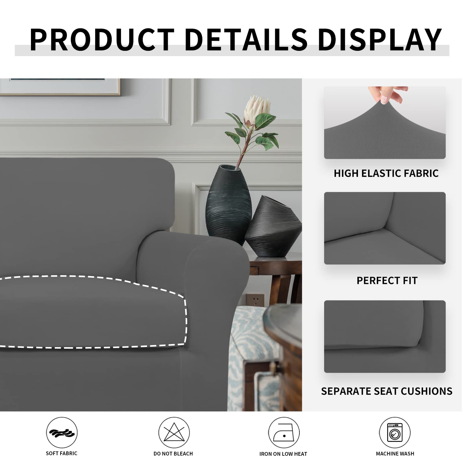 2-Piece Stretch Microfiber Chair Slipcover - Soft Spandex Sofa Couch Cover with Elastic Bottom, Washable Furniture Protector for Kids & Pets (Grey) - Perfect for Living Room, Bedroom, and Office Use