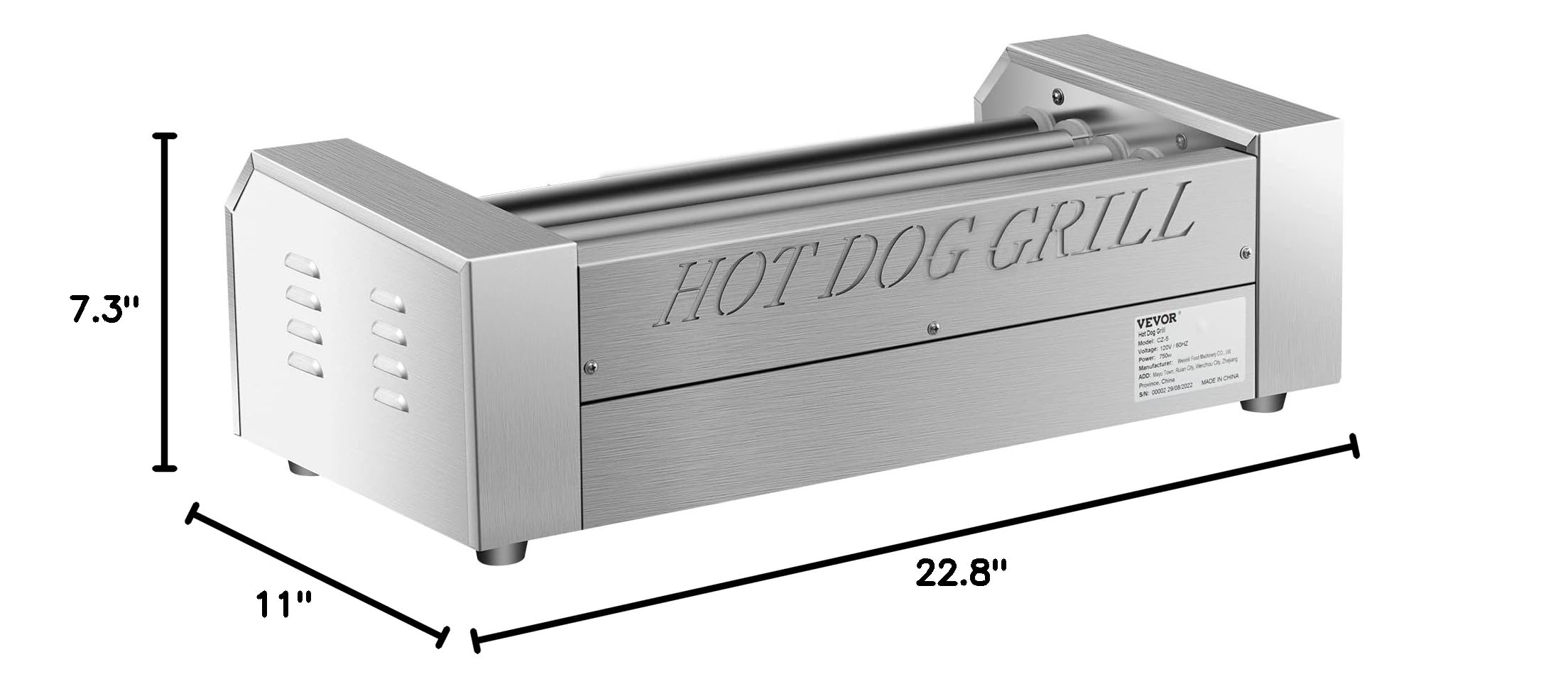VEVOR Commercial Hot Dog Roller Machine - 12 Hot Dog Capacity, 5 Stainless Steel Rollers, 750W Sausage Grill Cooker with Dual Temperature Control, LED Light & Detachable Drip Tray - Perfect for Restaurants, Food Trucks, and Home Kitchens