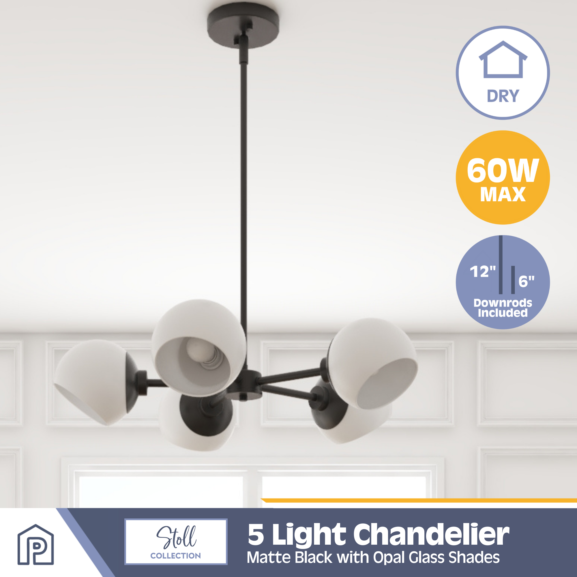 5-Light Stoll Chandelier in Matte Black with Opal Glass Shades - Elegant Dining Room Lighting for Modern Home Decor