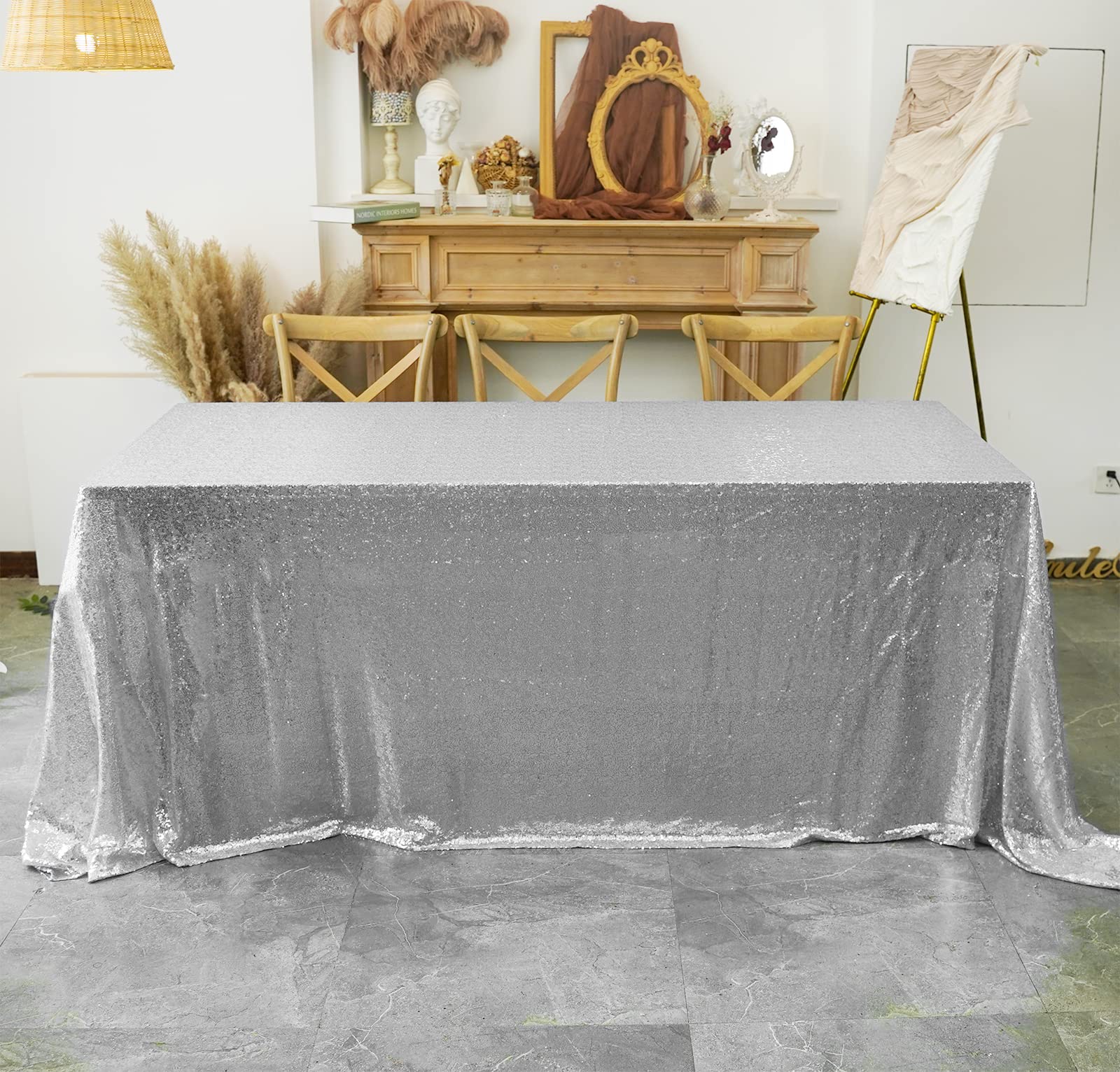Silver Sequin Tablecloth 90x132 Inches - Glitter Party Table Cover for Weddings, Birthdays, Baby Showers & Christmas Decor | Rectangular Sequin Table Overlay for Reception, Bridal Shower & Holiday Celebrations