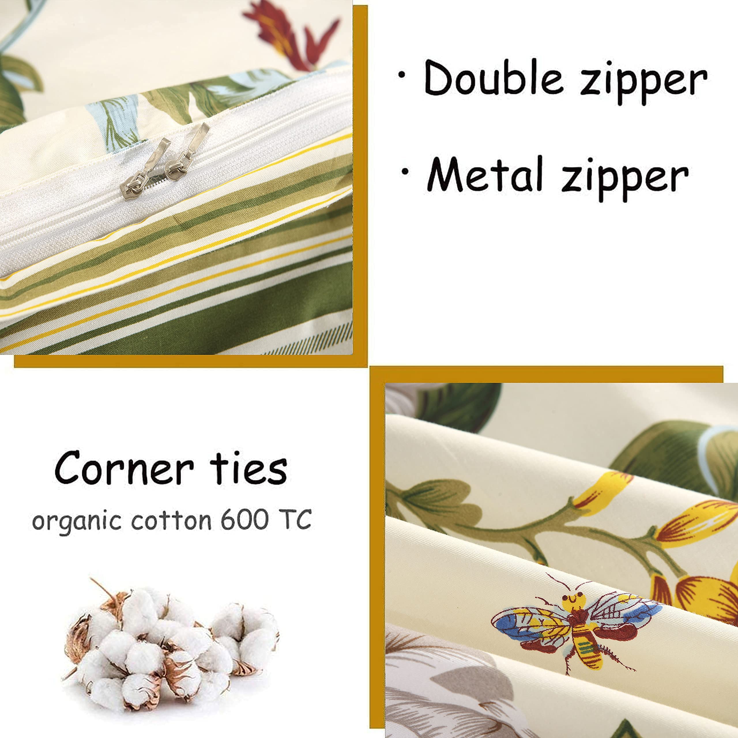 FADFAY 100% Cotton Floral Duvet Cover Set - Green Beige Striped Shabby Chic Queen Size Bedding with Deep Pocket Sheets (7-Piece Set) for Cozy Bedroom Decor & Guest Room Makeover
