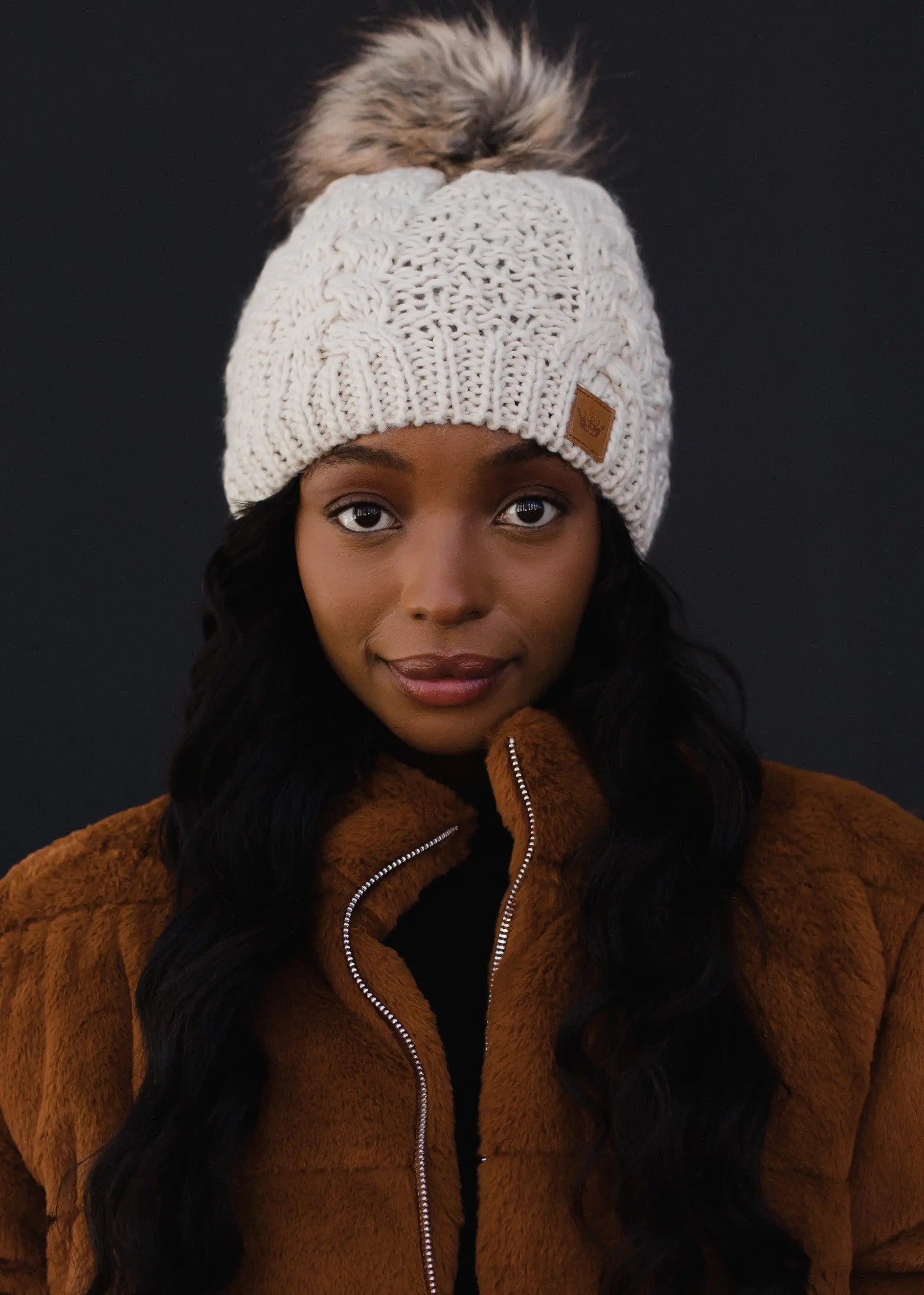 Cozy Beige Cable Knit Pom Pom Hat for Women - Winter Warm Knitted Beanie with Faux Fur Pom - Perfect for Snow Days & Outdoor Activities