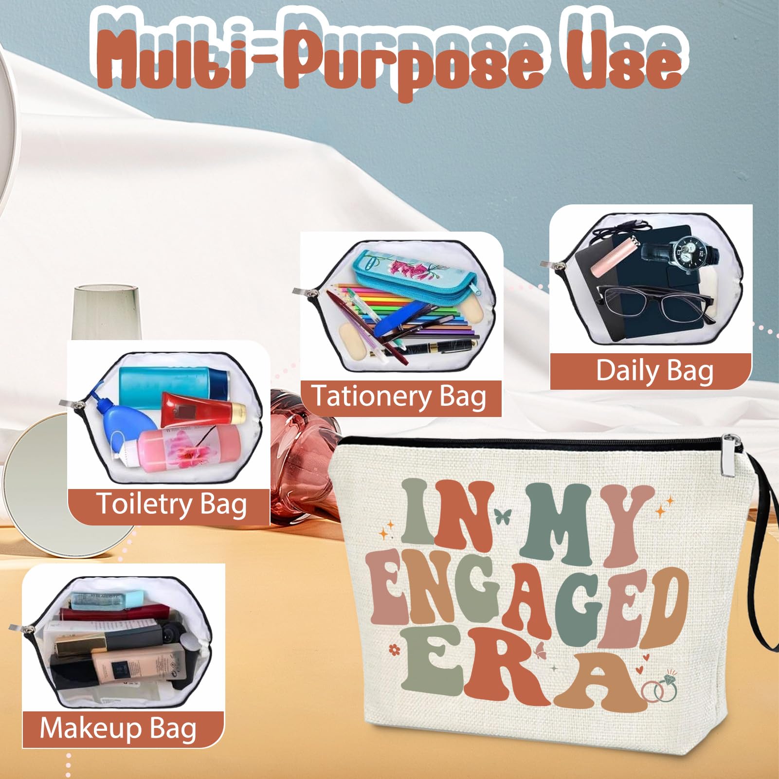 IN MY ENGAGED ERA Makeup Bag - Bridal Shower Gift for Bride, Bachelorette Party Essentials, Taylor Swift Inspired Cosmetic Travel Pouch with Zipper - Perfect for Wedding Prep, Honeymoon & Girls Trips