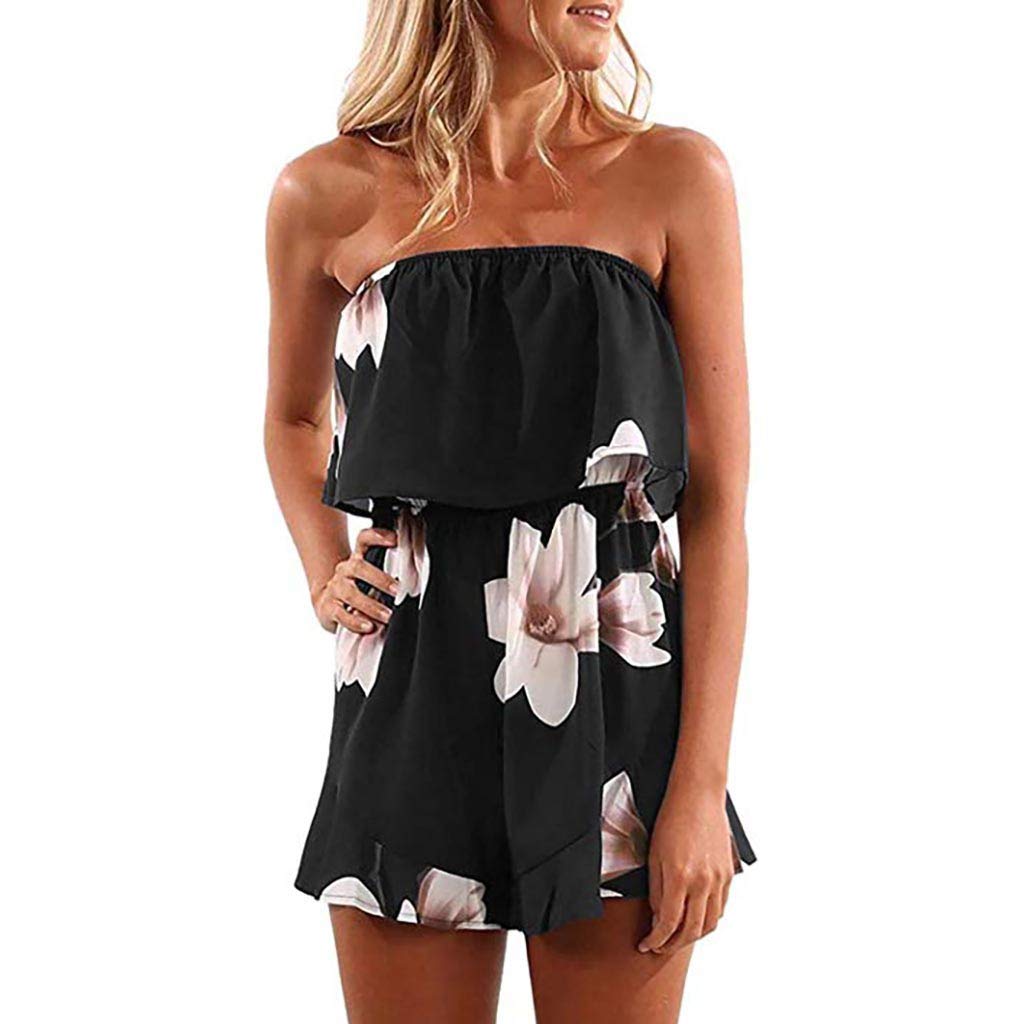Women's Floral Print Off-Shoulder Romper Jumpsuit - Strapless High Waist Bodysuit with Pockets | Summer Beach Wear, Casual Outfit, Party Dress