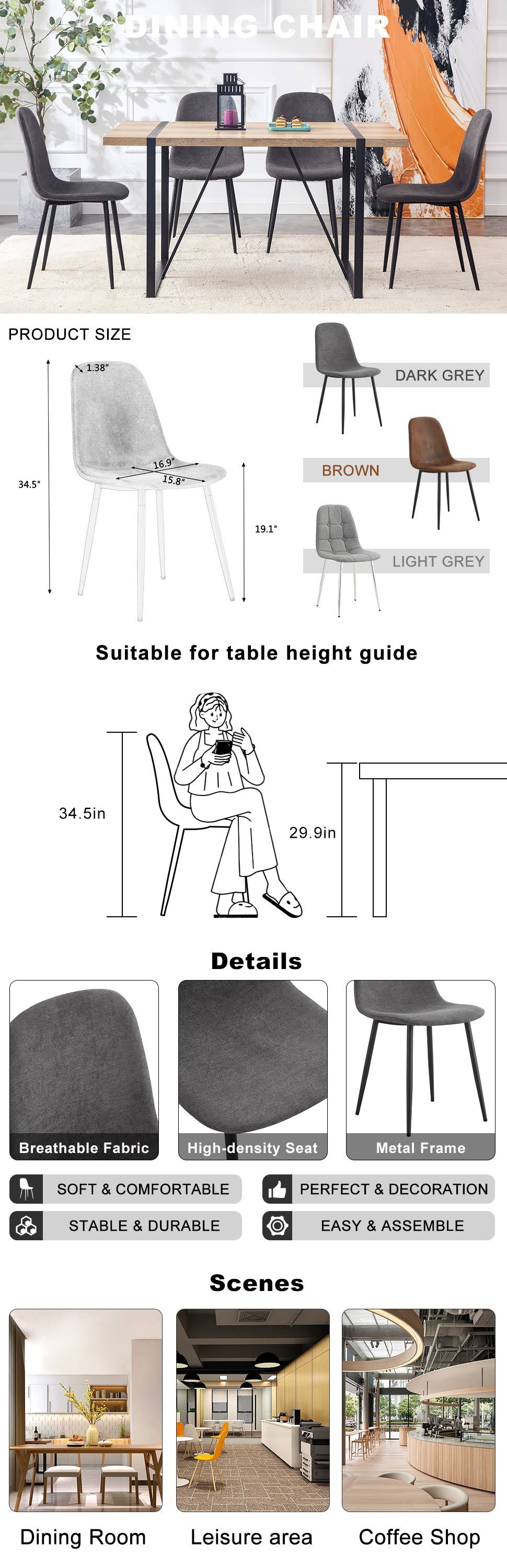Premium 6-Piece Dark Gray Linen Cotton Dining Chair Set - Comfortable Integrated Seat & Backrest, Modern Home Decor for Kitchen, Dining Room & Office
