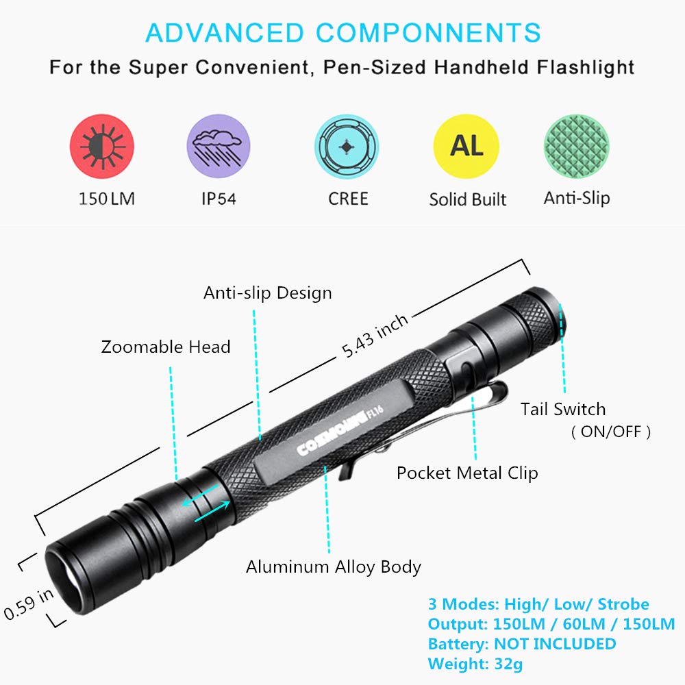 3 Pack LED Pen Flashlight with Adjustable Focus - 150 Lumen Waterproof Flashlight, 3 Modes (High/Low/Strobe) - Battery Powered (AAA Batteries Not Included) - Perfect for Camping, Hiking, Emergency Kits & Home Use