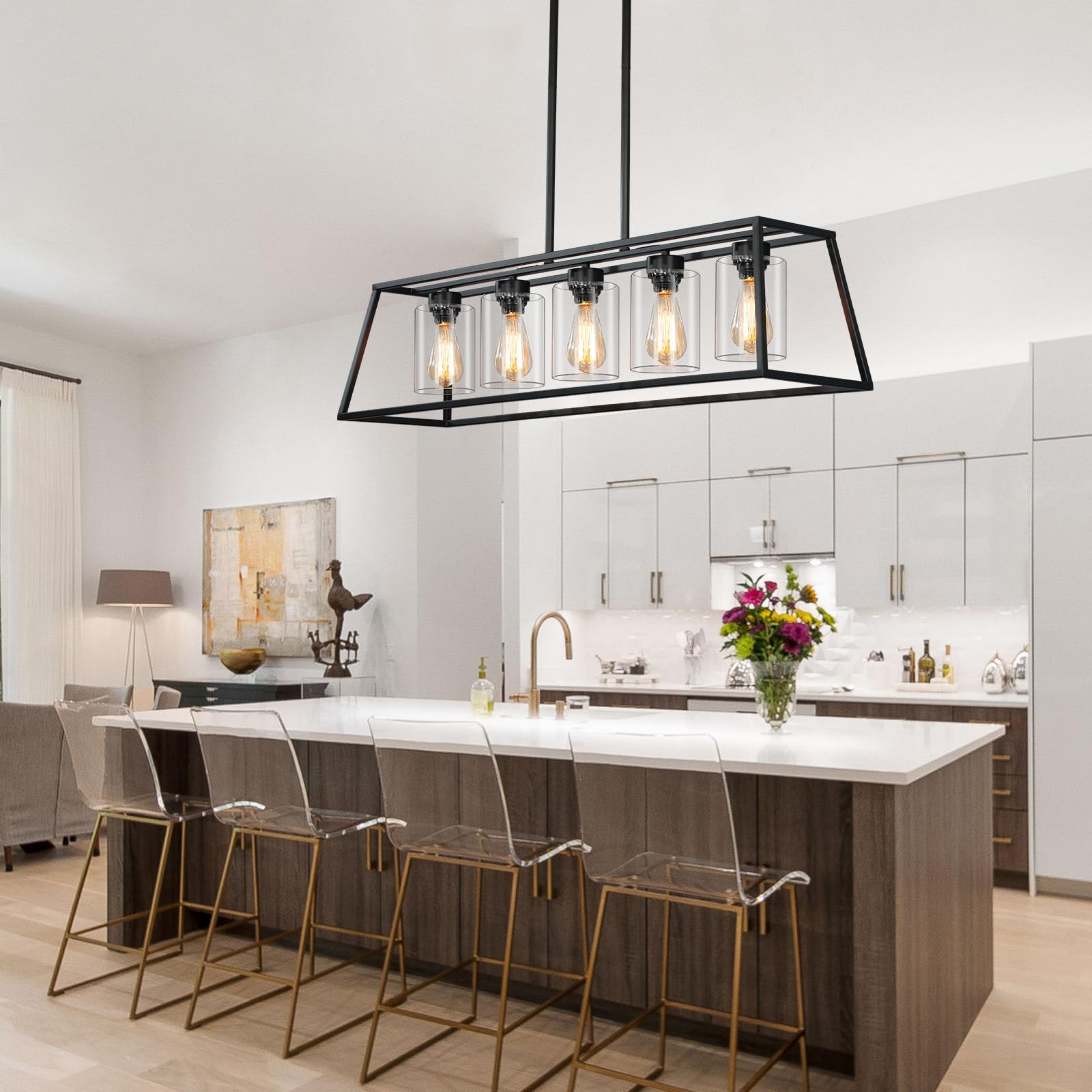 5-Light Black Farmhouse Chandelier for Kitchen Island & Dining Room - Rectangle Pendant Lighting with Clear Glass Cylinders - Perfect for Kitchen Counter, Breakfast Nook & Farmhouse Dining Areas