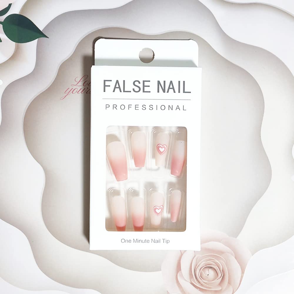 Valentine's Day Press on Nails - 24Pcs Long Coffin Fake Nails with White Pink Heart Design, Glossy Acrylic Full Cover False Nails for Women | Perfect for Romantic Dates, Weddings, Anniversaries & Special Occasions