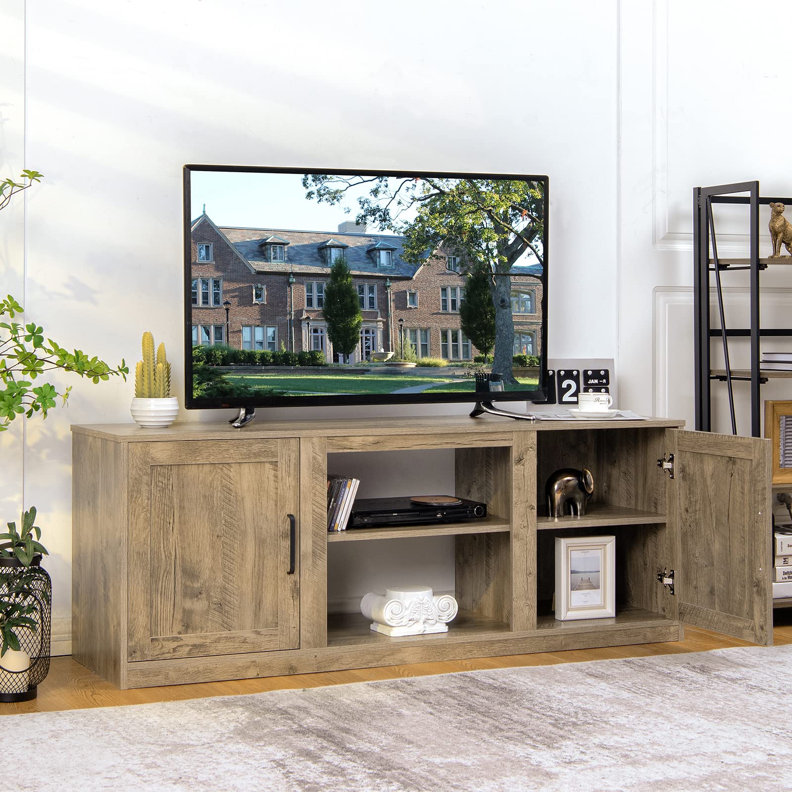 Tangkula 65 Inch Farmhouse TV Stand with Double Barn Doors - Rustic Wood Media Console with Storage Cabinets & Adjustable Shelves - Perfect for Living Room Home Theater Setup
