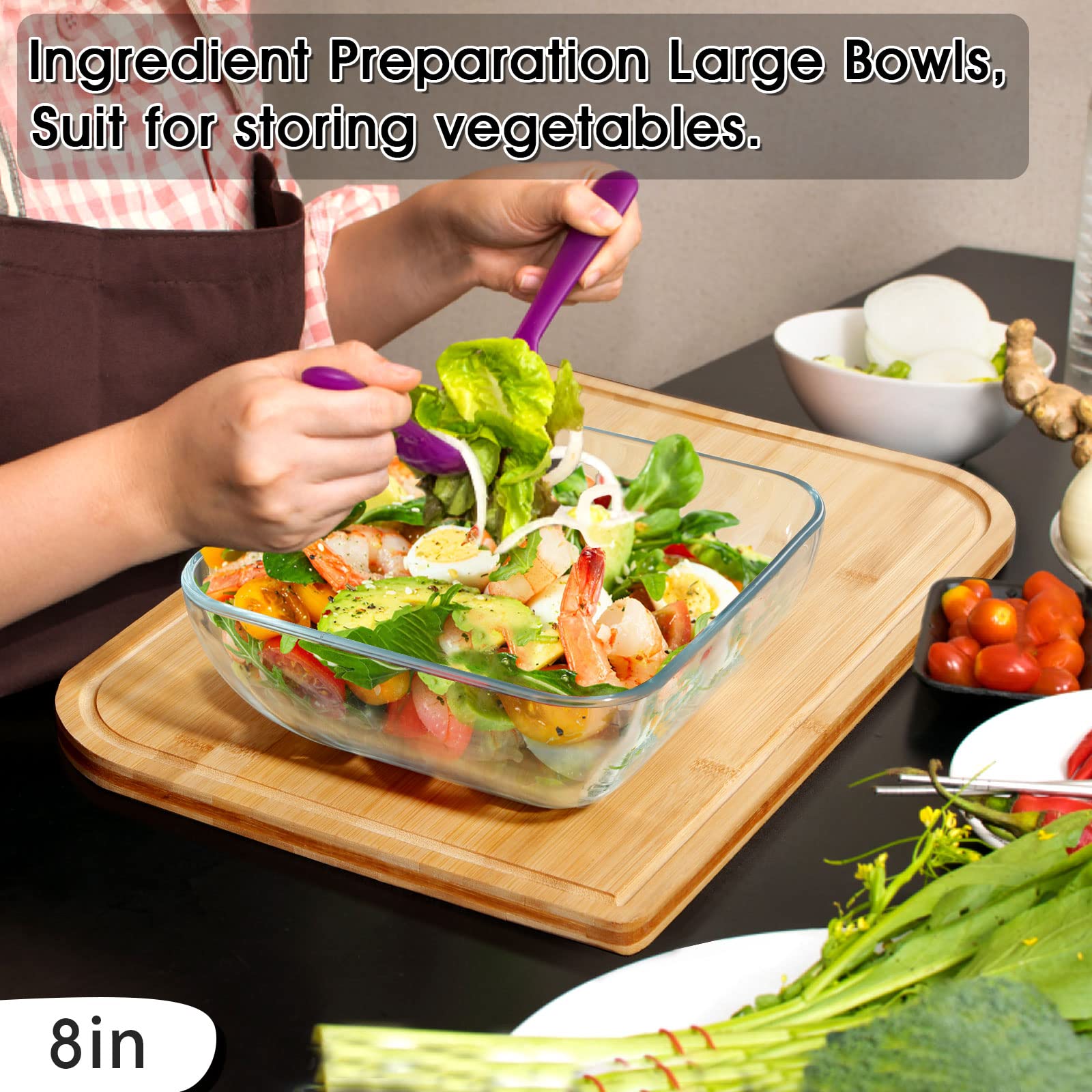 Nutriups 8-Inch Square Glass Salad Bowls Set of 2 - Microwave & Oven Safe Serving Bowls for Salads, Desserts, Snacks - Perfect for Entertaining, Family Dinners & Meal Prep