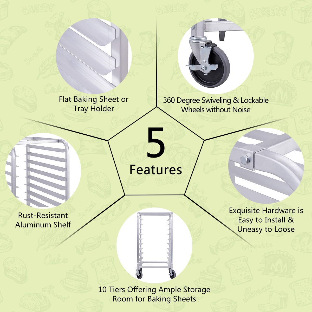 Giantex 10-Tier Aluminum Bakery Rack - Heavy Duty Commercial Kitchen Storage Rack with Lockable Wheels for Sheet Pans, Baking Trays & Cooling Racks | Ideal for Restaurants, Bakeries & Home Kitchens