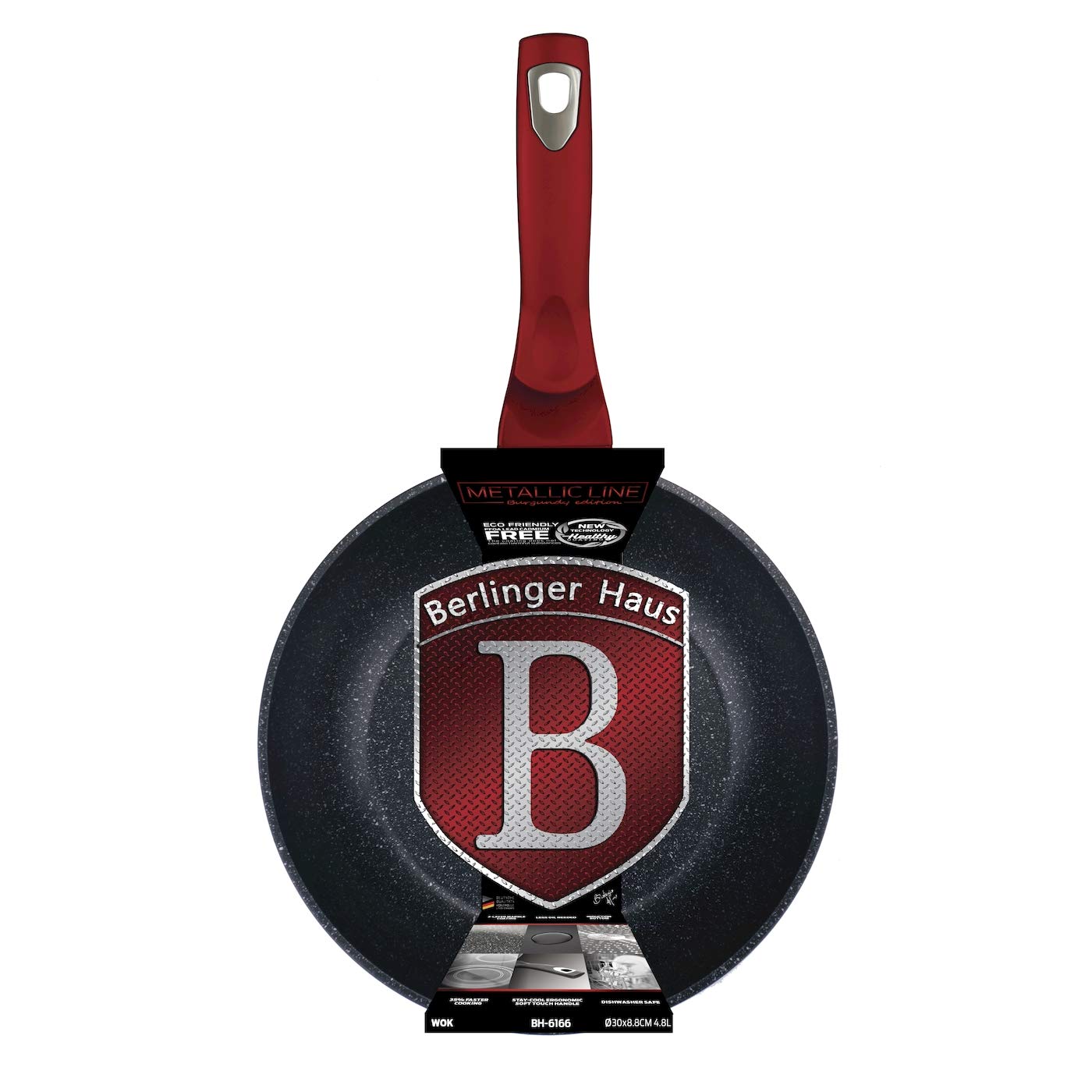 BERLINGER HAUS 30cm Granite-Marble Wok Pan - 3-Layer Nonstick Coating, Soft Ergonomic Handle with Free Protective Cover, Stainless Steel Rim, Bordeaux Edition - Perfect for Stir-Fry, Sautéing & Asian Cooking