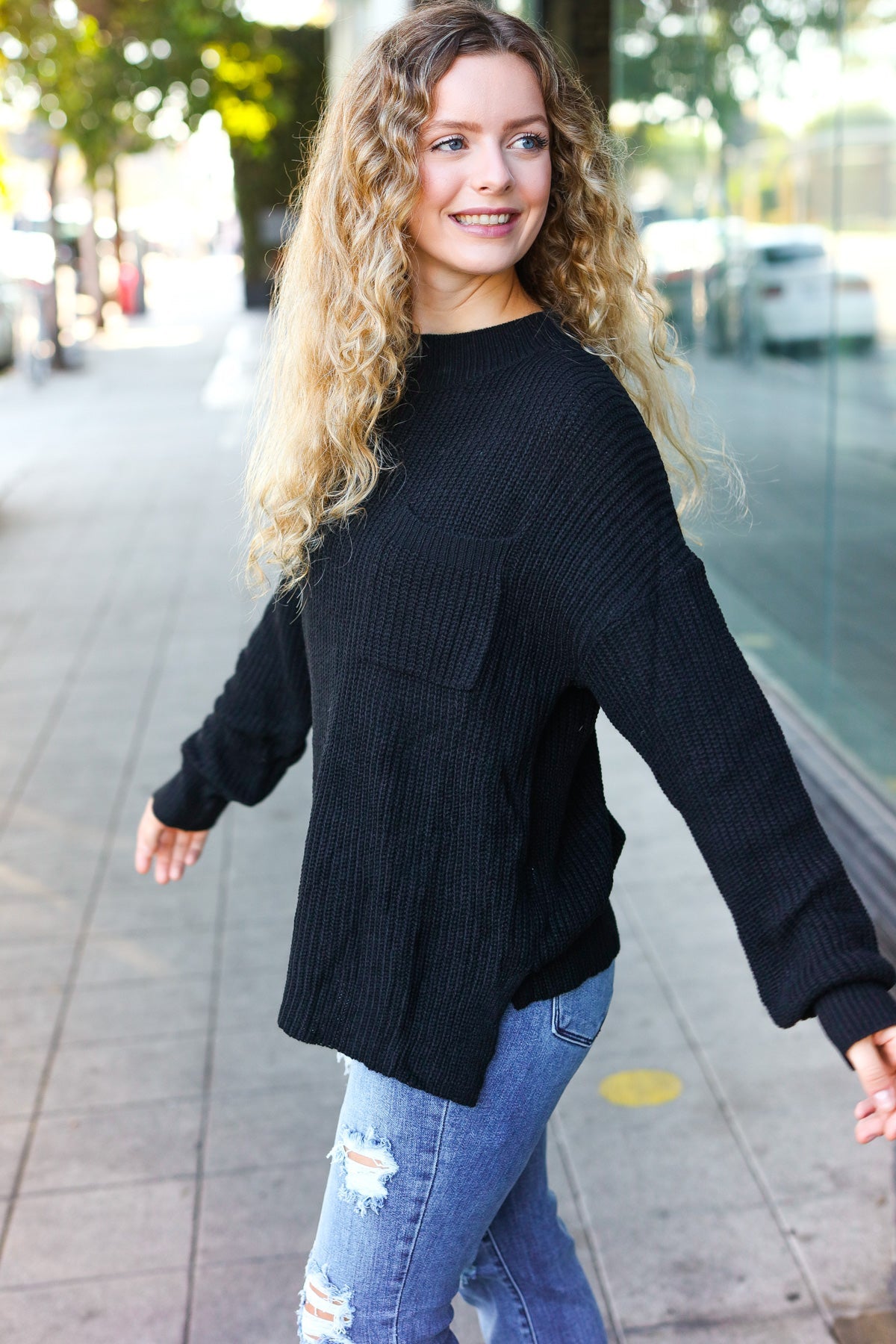 Elegant Black Mock Neck Knit Sweater with Chest Pocket - Women's Casual Winter Pullover for Office, Date Night & Holiday Outfits