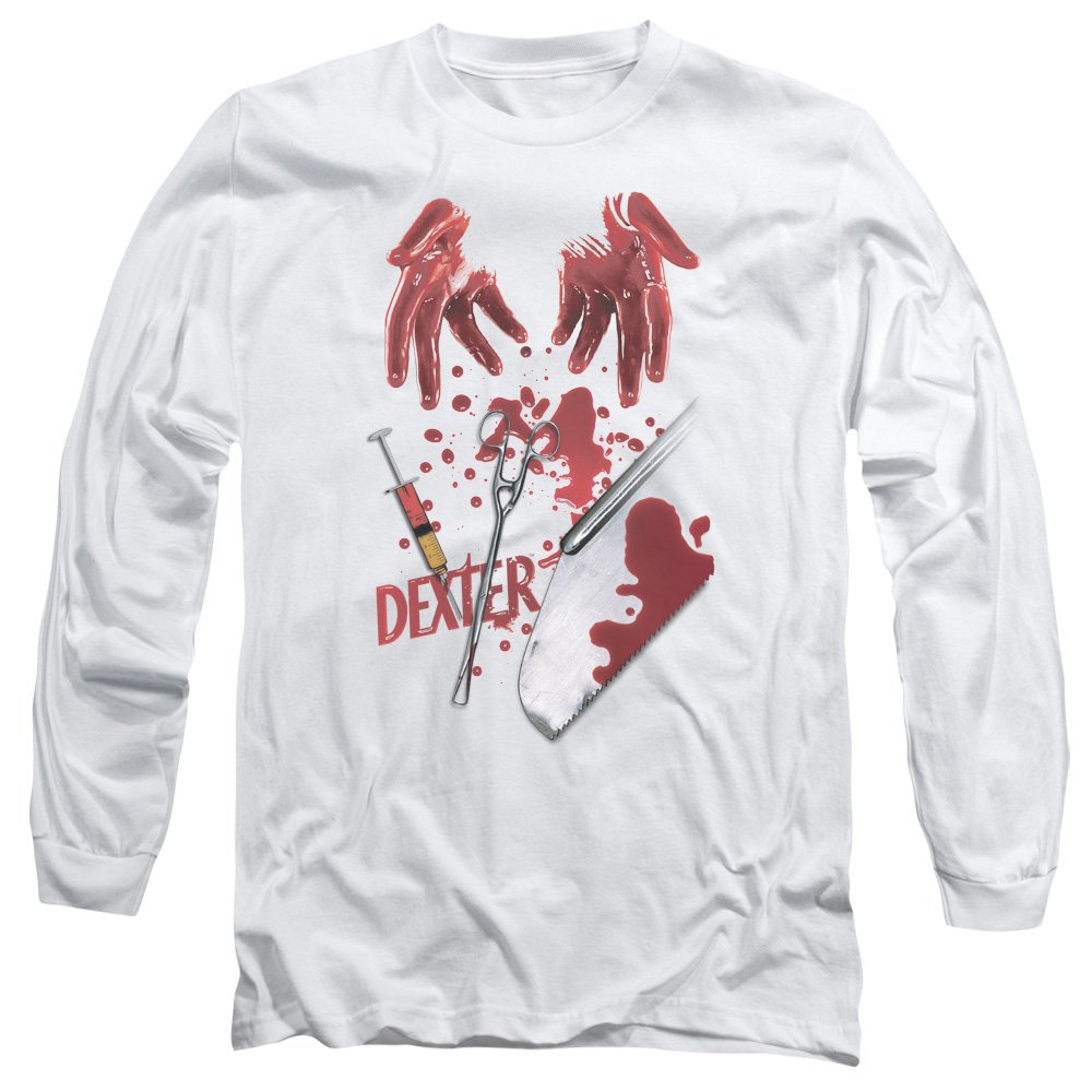 Dexter Men's Long Sleeve T-Shirt - Comfortable Work Shirt with Tools Print - White Cotton Tee for Construction, DIY Projects and Casual Wear