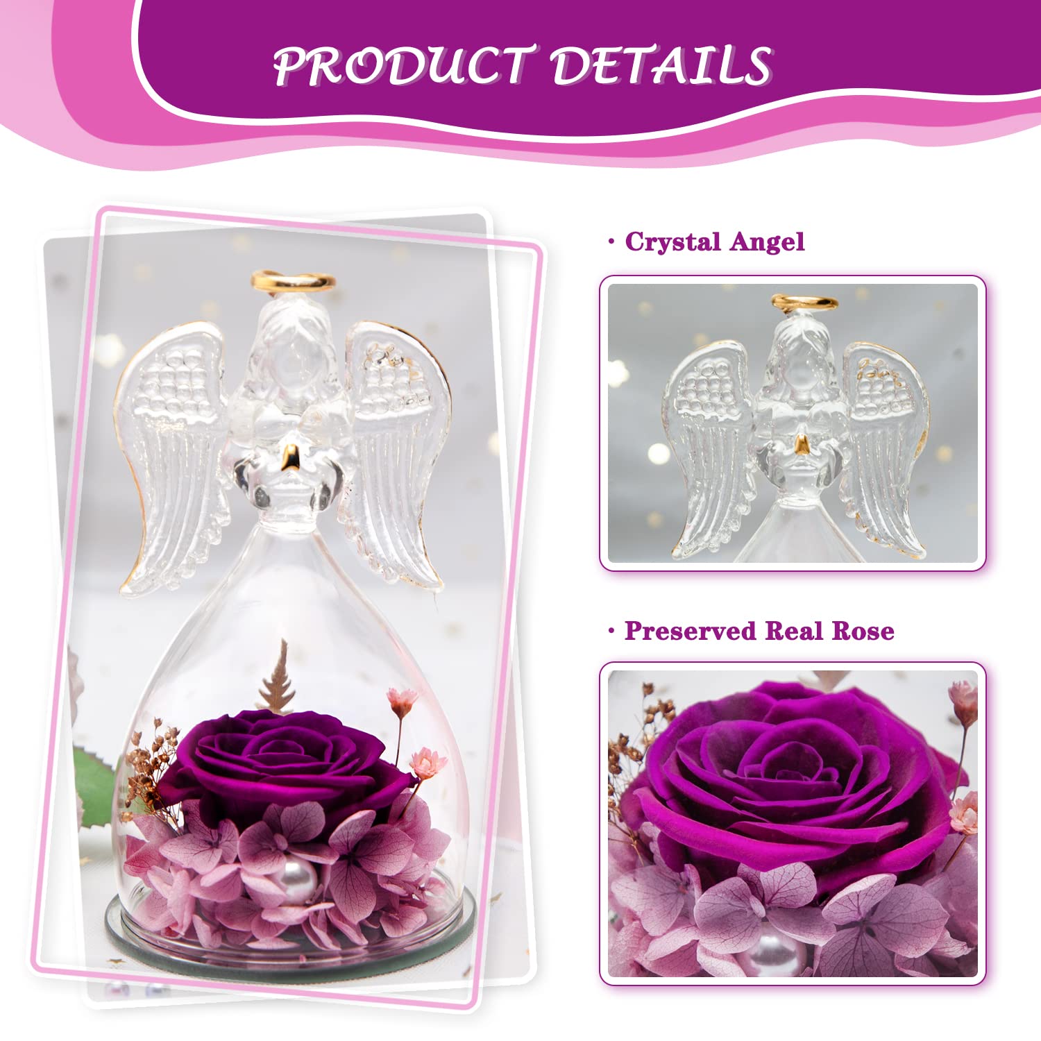 Forever Preserved Real Rose Glass Angel Figurine with 3 Roses - Elegant Gift for Women, Valentine's Day & Mother's Day - Perfect for Home Decor, Romantic Surprises & Special Occasion Gifts