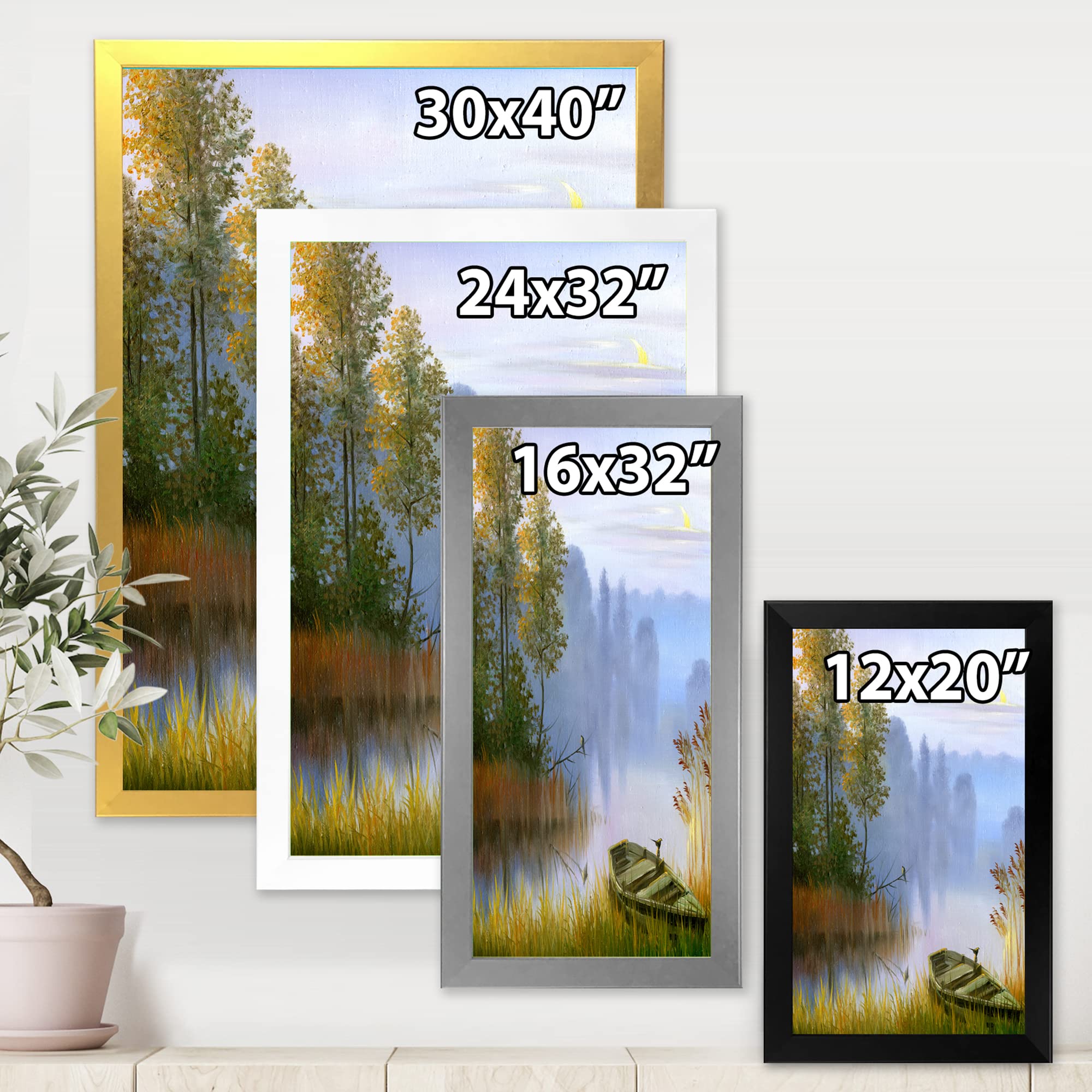DesignQ Traditional Framed Wall Art - Lakeside Boat Landscape Painting - Perfect for Living Room, Bedroom & Office Decor