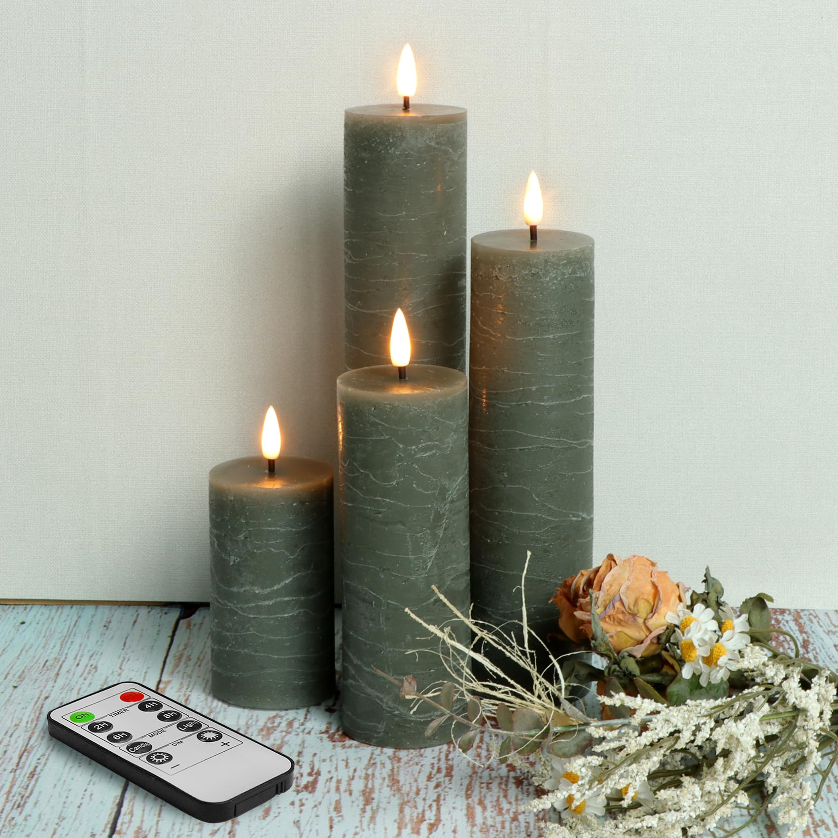 Realistic Grey Slim Flameless LED Pillar Candles with Remote - Battery Operated Flickering Wax Candles Set of 4 for Home Decor, Wedding Centerpieces & Romantic Dinner Ambiance