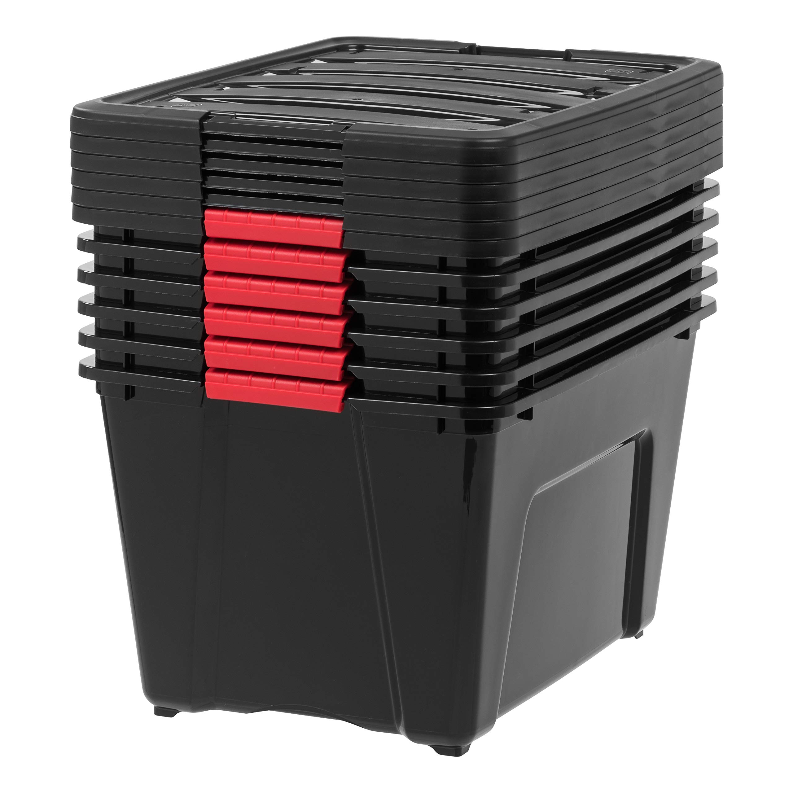 54 Qt Stackable Plastic Storage Bins with Lids, 6 Pack - BPA-Free, Made in USA - Heavy Duty Garage & Home Organization Containers with Secure Latches & Pull Handles - Perfect for Storage, Moving, and Closet Organization (Black)