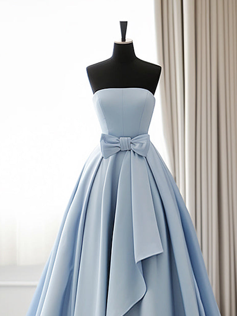Elegant A-Line Blue Satin Long Prom Dress - Simple Formal Evening Gown for Homecoming, Wedding Guest & Special Occasions