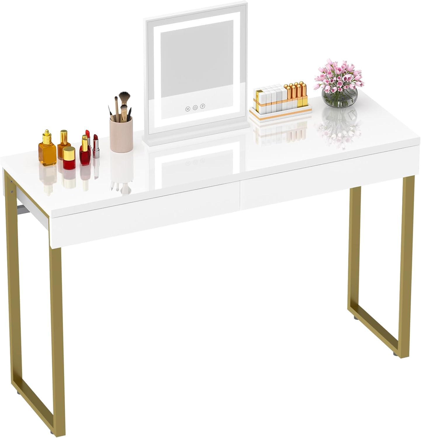 GreenForest 47-inch White Vanity Desk with 2 Drawers & Glossy Top - Gold Metal Legs Makeup Dressing Table for Small Spaces, Easy Clean Home Office & Bedroom Furniture - Perfect for Cosmetics Storage, Workstation & Beauty Routine