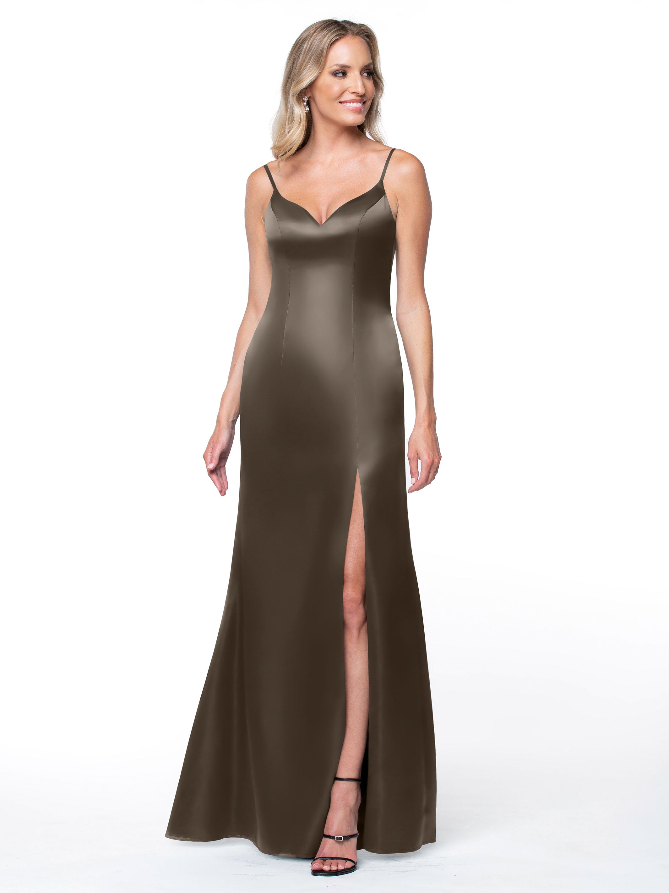Elegant 80132 Fit and Flare Satin Bridesmaid Dress with High Slit - Perfect for Weddings, Prom, and Formal Events