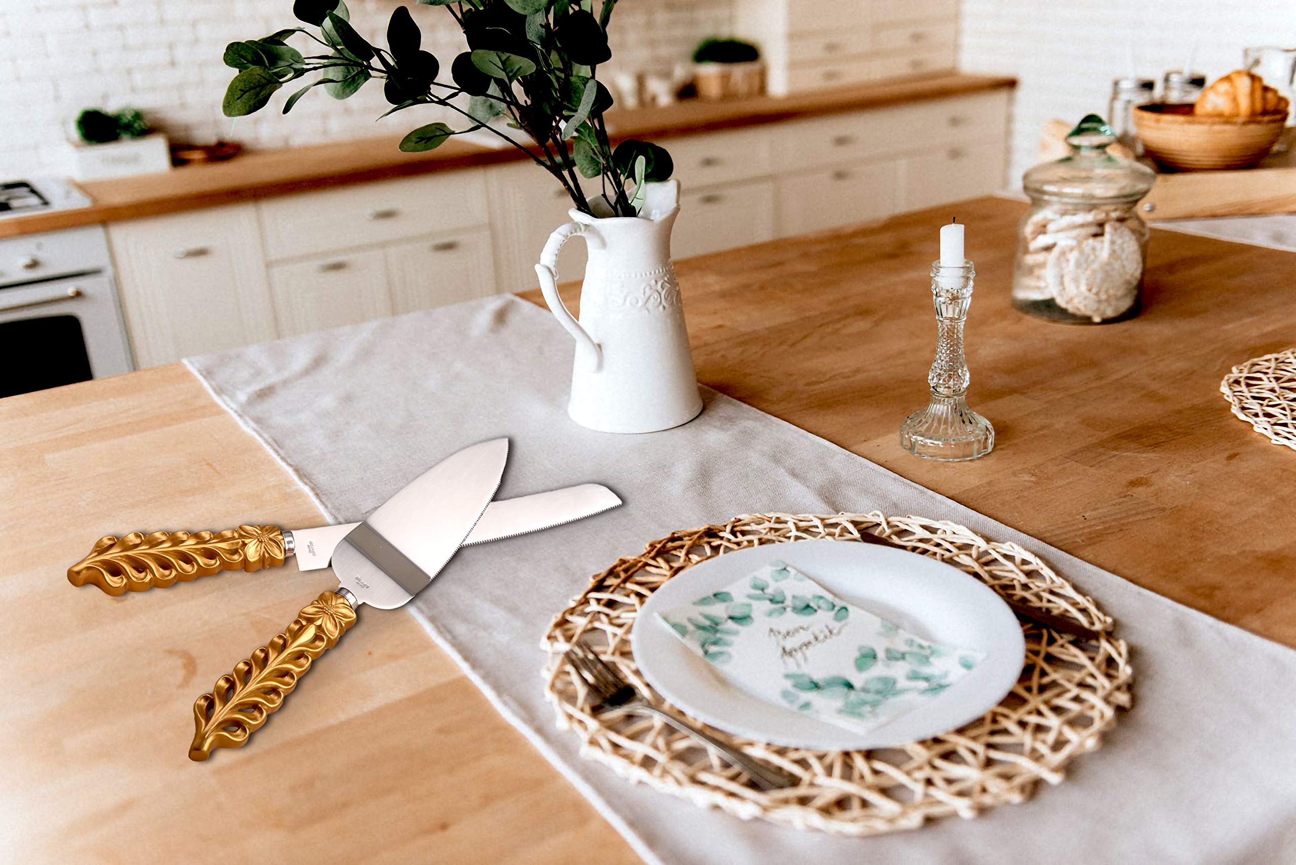 FASHIONCRAFT 2528 Gold Lattice Botanical Collection Stainless Steel Cake Knife Set - Cake Knife & Server for Weddings, Birthdays & Special Occasions