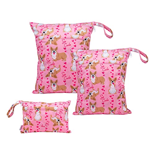 ALVABABY 3 Pack Waterproof Wet Dry Bags for Baby Cloth Diapers - Reusable Travel Storage with 2 Pockets for Beach, Pool, Daycare, Gym & Yoga - Perfect for Swimsuits, Wet Clothes & Soiled Items (3L-YX87)