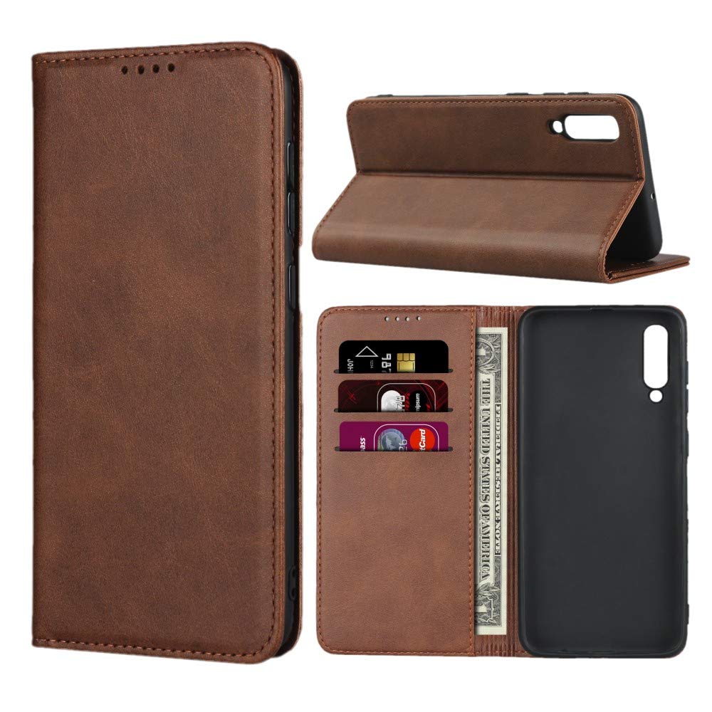 Premium Genuine Cowhide Leather Magnetic Wallet Case for Samsung Galaxy A50/A30S - Flip Cover with Card Slots & Cash Pocket, Book Stand Function | Perfect for Business, Travel & Daily Protection (Dark Brown)
