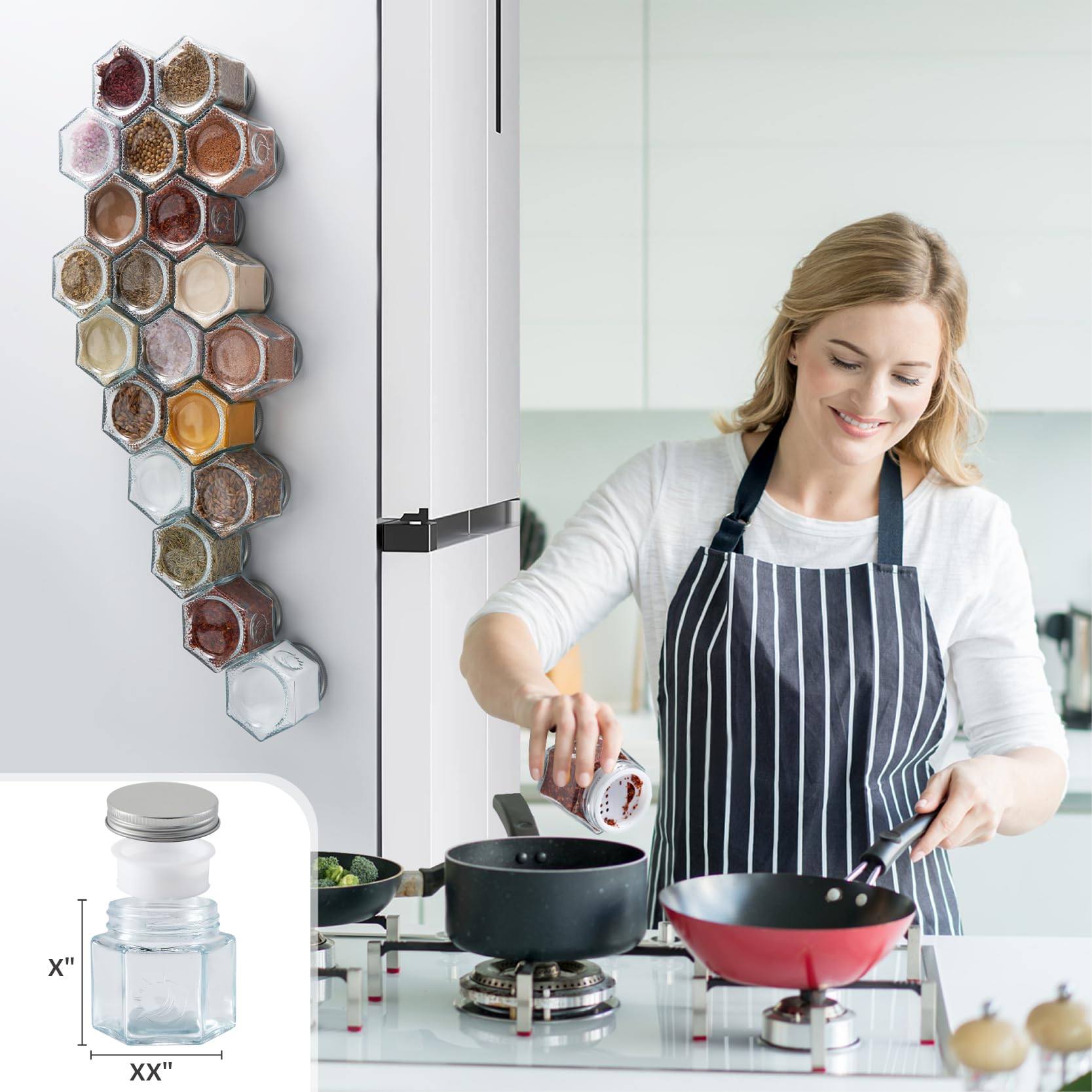 20-Pack Large 4oz Magnetic Spice Jars - Hexagon Glass Containers with Shaker Lids & Labels for Refrigerator, Kitchen, RV, Travel Trailer - Perfect for Space-Saving Spice Storage & Organization