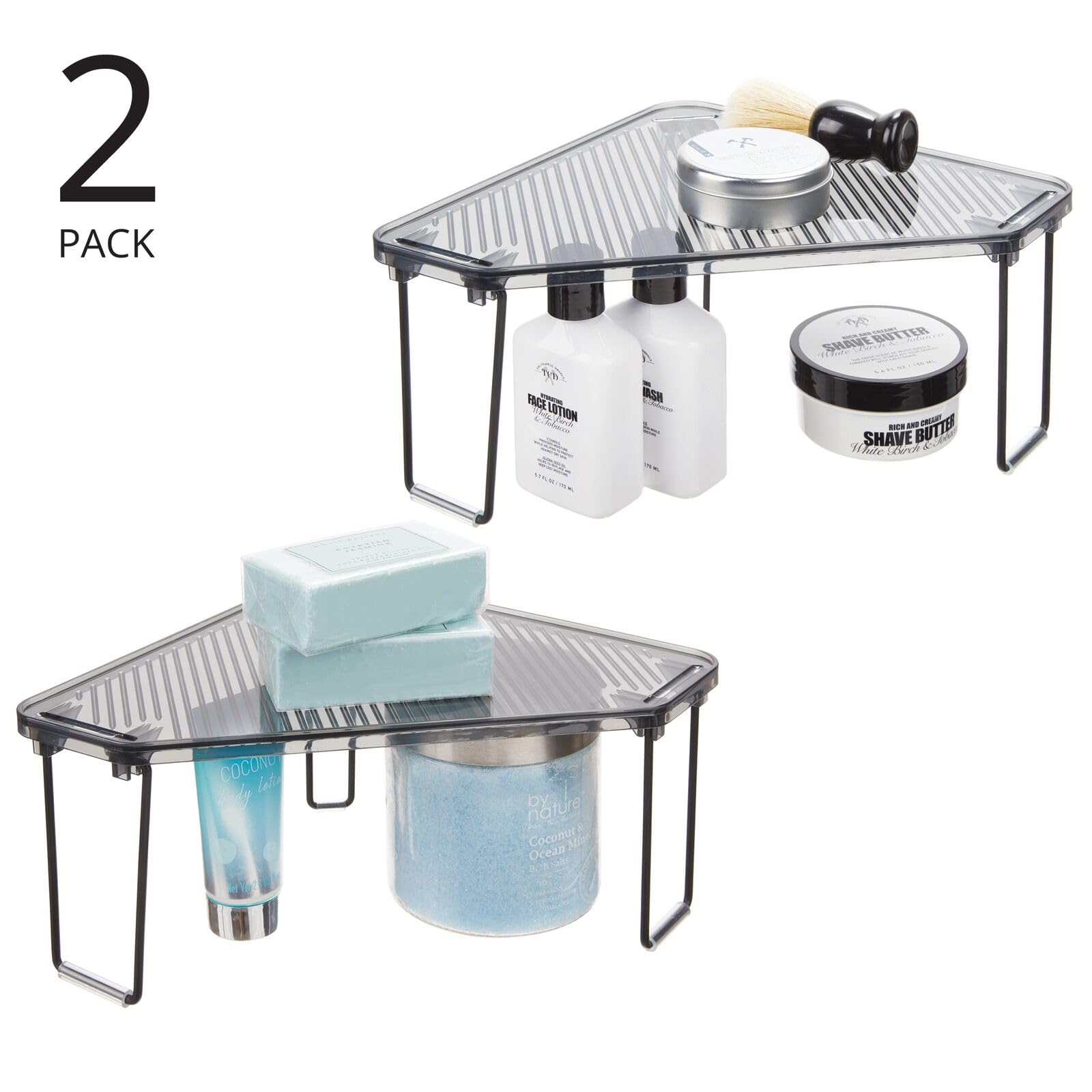mDesign Plastic/Steel Corner Stackable Shelf Organizer - 2 Pack Black/Smoke Gray - Bathroom Vanity Storage for Makeup, Shower Accessories - Perfect for Small Spaces Under Sink, Cabinet & Countertop Organization