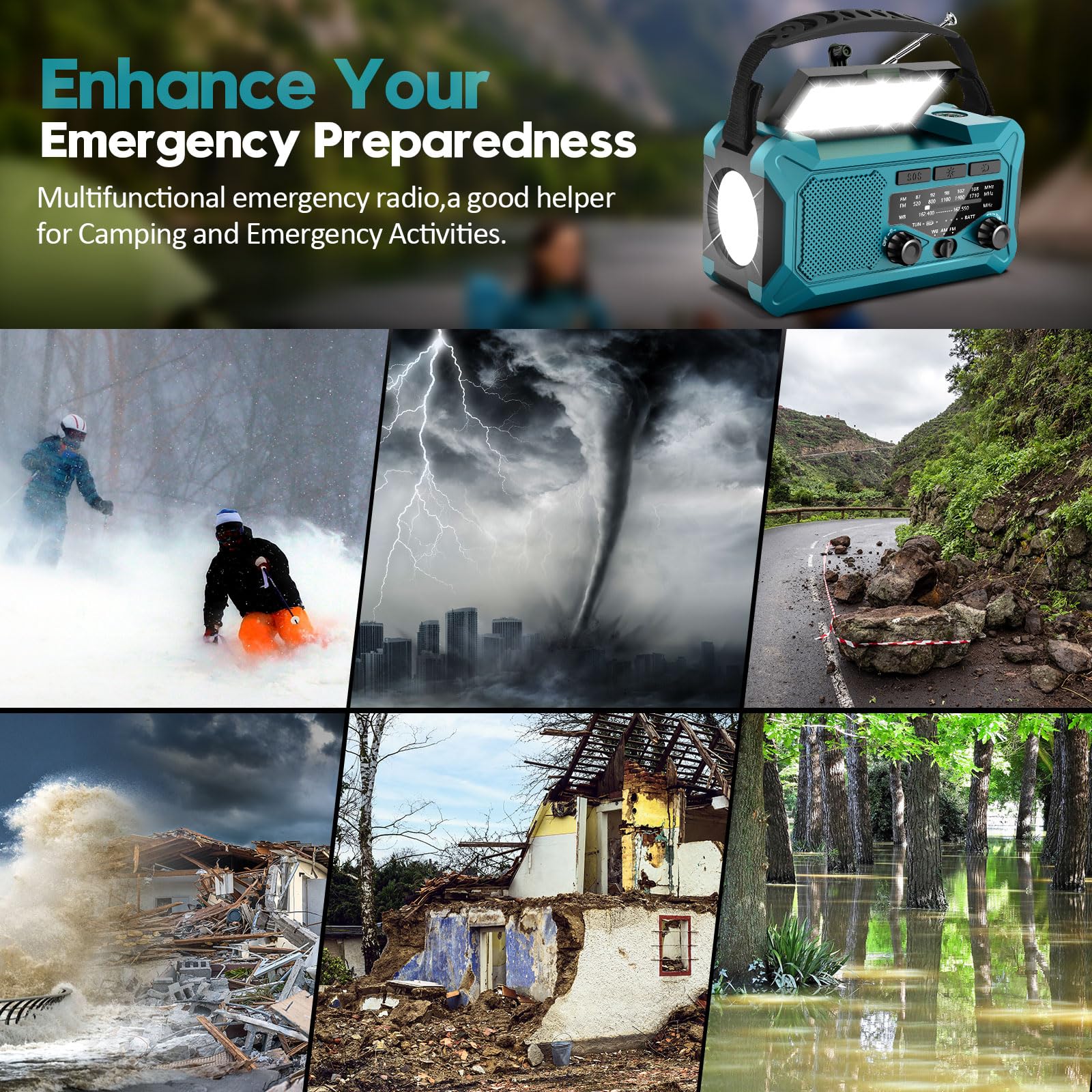 Emergency Hand Crank Weather Radio - Toolchums 10000mAh Solar Powered AM/FM/NOAA Radio with USB Phone Charger, LED Flashlight, Reading Lamp & SOS Alarm (Blue) - Perfect for Outdoor Camping, Hiking, and Emergency Preparedness