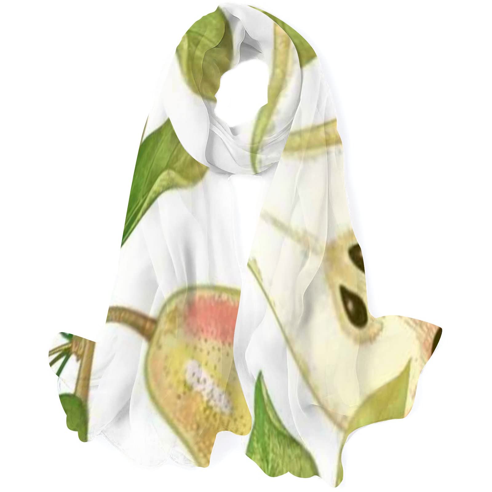 Elegant Watercolor Pear Leaf Green Silk Scarf for Women - Large Soft Oblong Shawl Wrap for Beach, Travel, and Evening Outfits