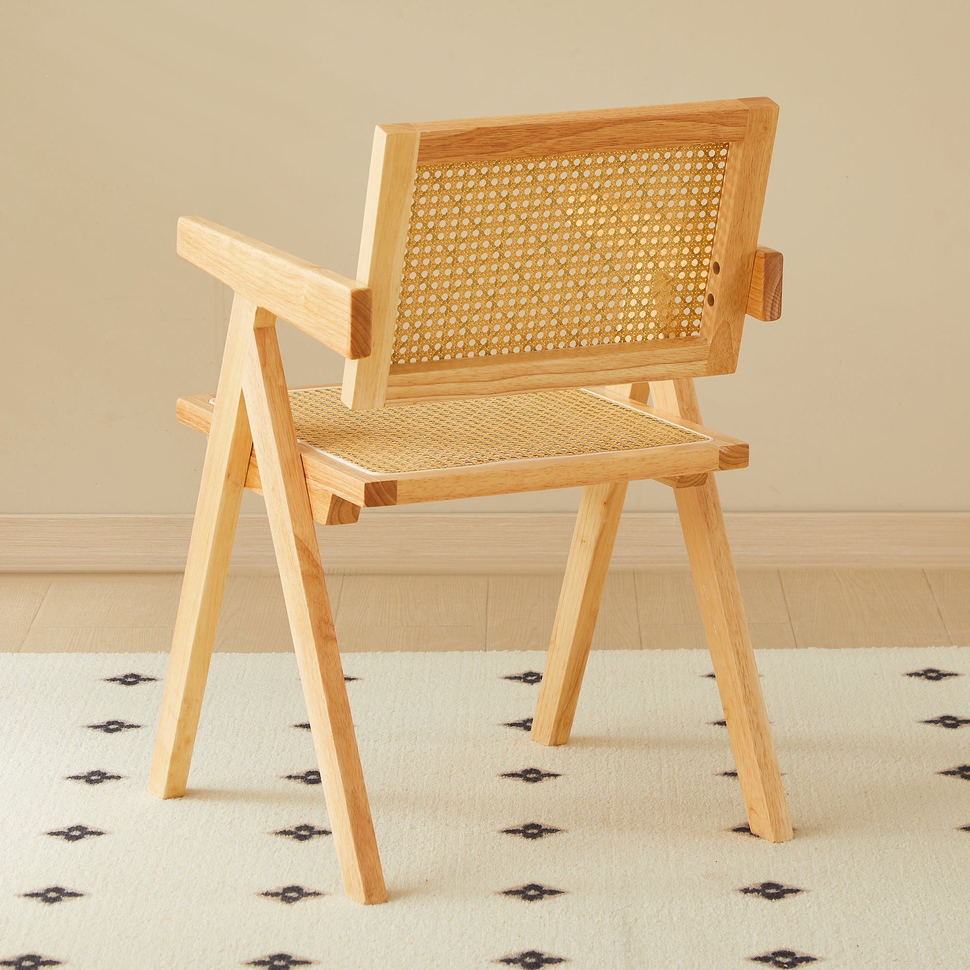 Solid Wood Dining Chairs with Armrests - Natural Rubber Wood & Rattan Woven Design for Kitchen, Dining Room, or Outdoor Patio