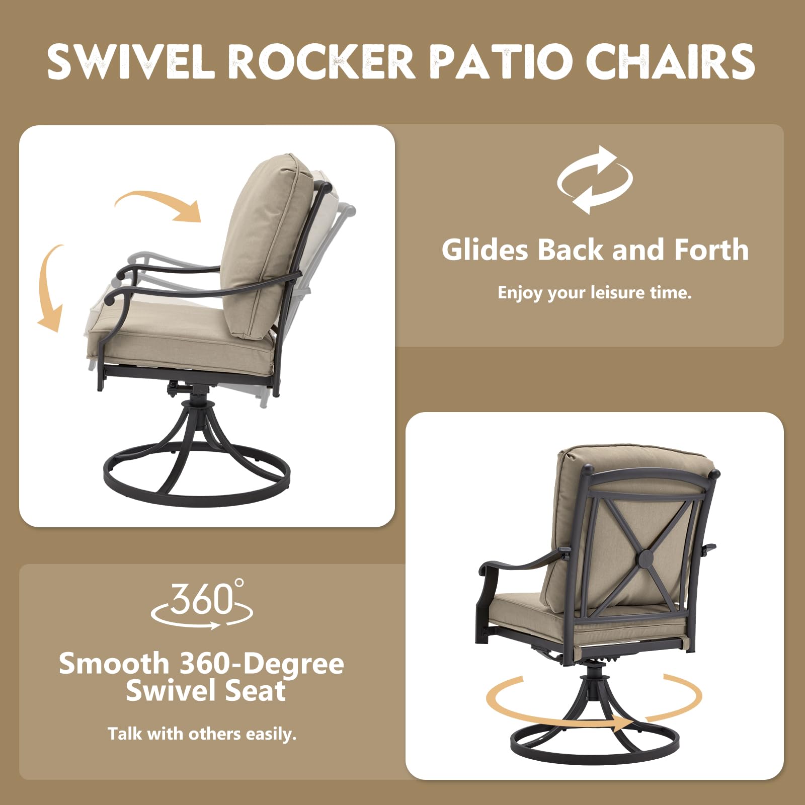 MELLCOM 2-Piece Patio Swivel Chair Set - Heavy Duty Outdoor Dining Chairs with Thickened Cushions, Gentle Rocking Metal Chairs for Garden, Lawn, Porch & Backyard - Khaki - Perfect for Outdoor Dining, Relaxing & Entertaining