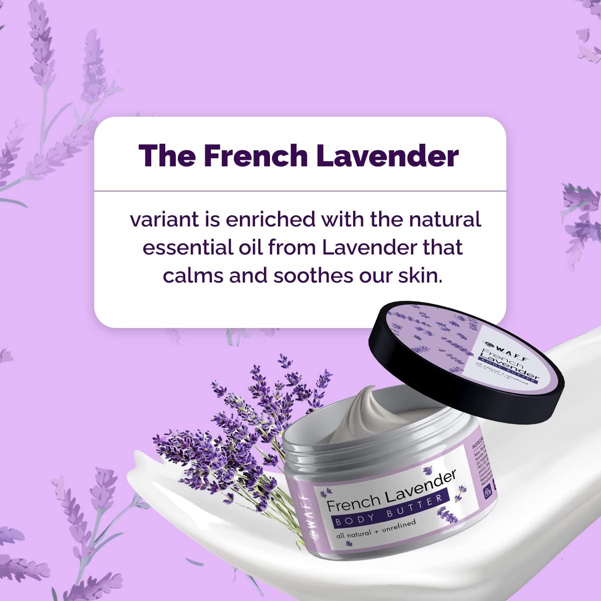 WAFF Lavender Body Butter Cream 100gm - Deep Hydrating Moisturizer with French Lavender Oil & Vitamin E for Dry, Itchy Skin - Non-Greasy Winter Care for Women & Men - Soothing Aromatherapy for Relaxation & Bedtime Routine