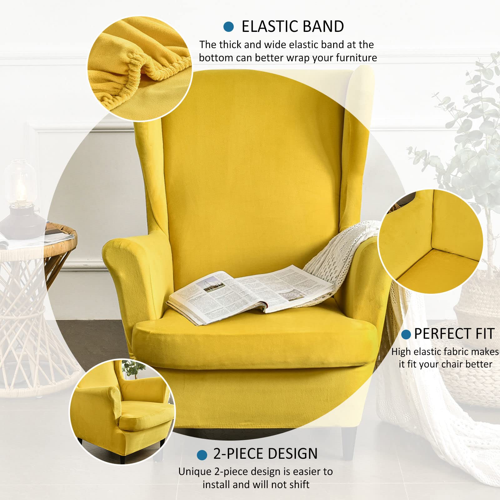 2-Piece Velvet Wingback Chair Slipcover - Stretch Elastic Armchair Cover, Soft Machine Washable Sofa Protector for Living Room, Bedroom, Office (Yellow) | Wing Chair Covers for Home Decor & Furniture Protection