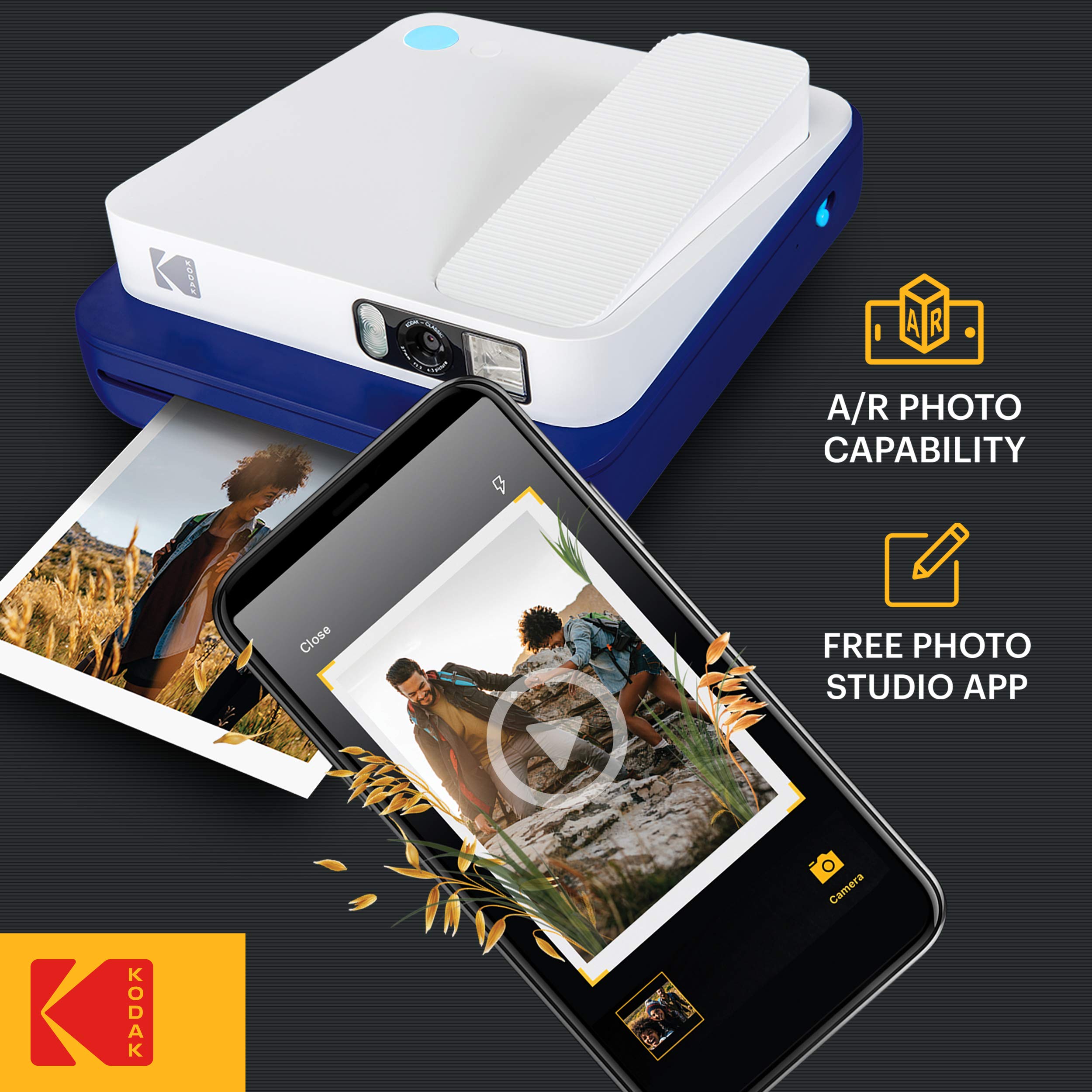 KODAK Smile Classic Bluetooth Digital Instant Camera with 10 Sheets Film & Smart Watch Bundle - Perfect for Travel, Parties, and Family Memories (Blue)