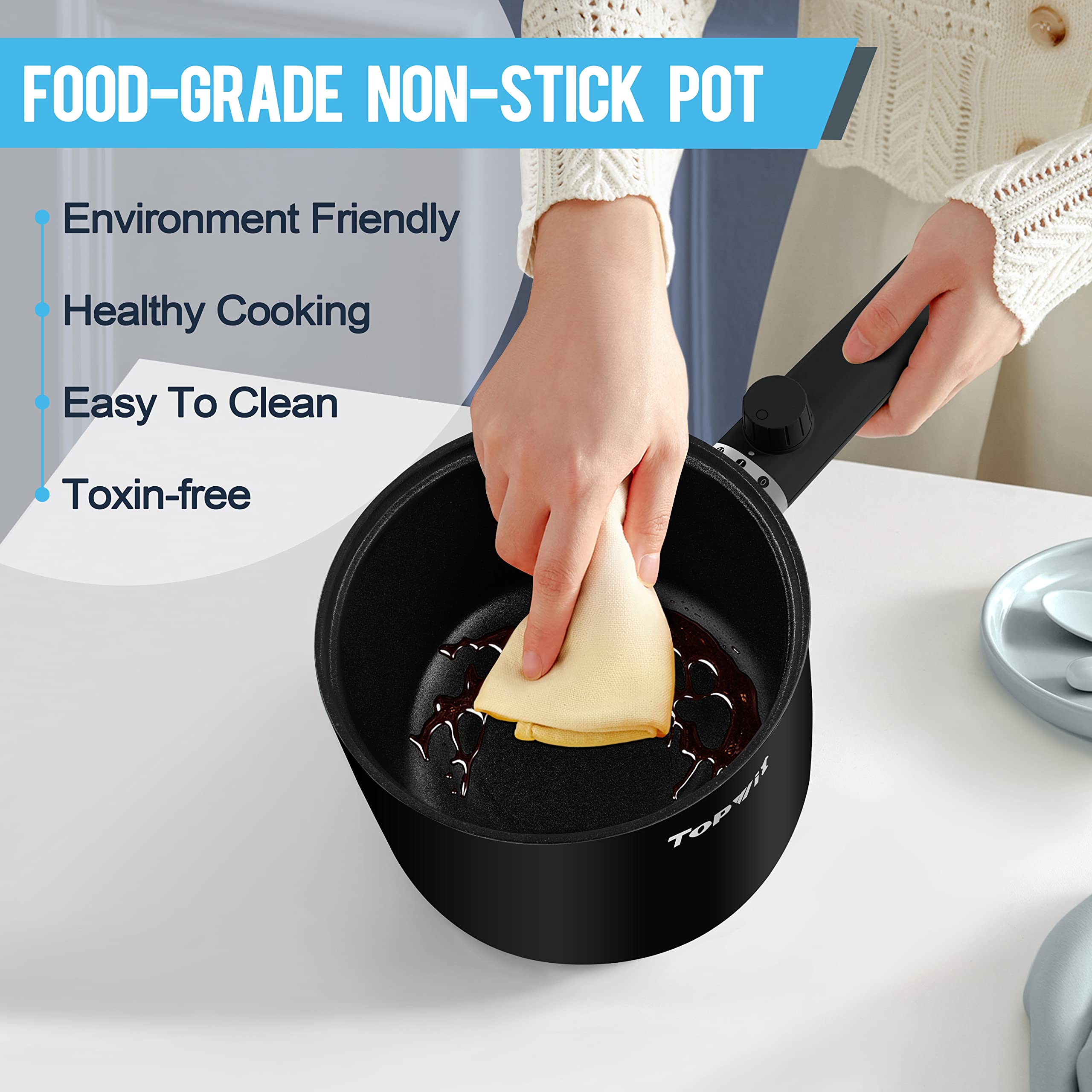 Topwit 1.5L Electric Hot Pot & Ramen Cooker - Portable Non-Stick Frying Pan for Pasta, Steak, Soup - BPA Free with Dual Power Control & Overheat Protection - Perfect for Dorm, Office, Camping & Small Kitchen Cooking