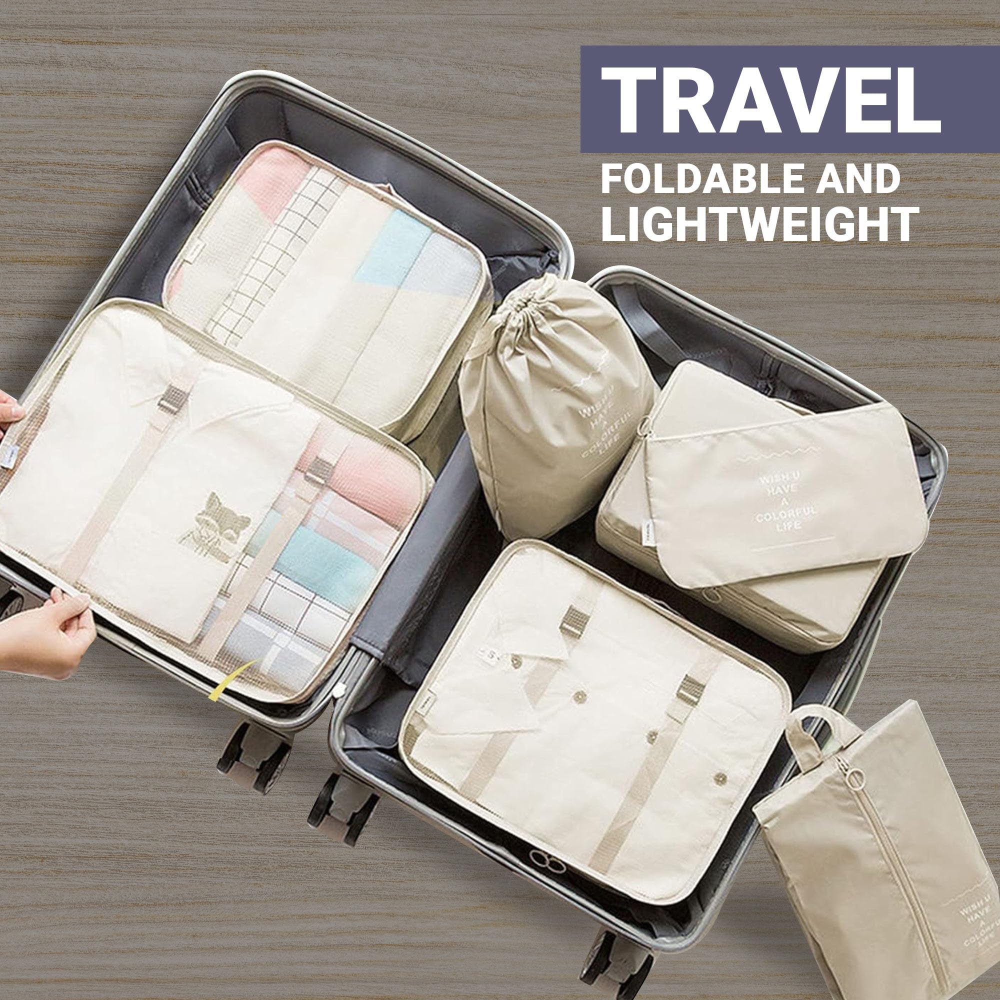 RORMI 7-Piece Packing Cubes Set with Zipper - Travel Luggage Organizer for Clothes, Shoes & Laundry Bags (Beige) | Perfect for Business Trips, Vacations & Weekend Getaways